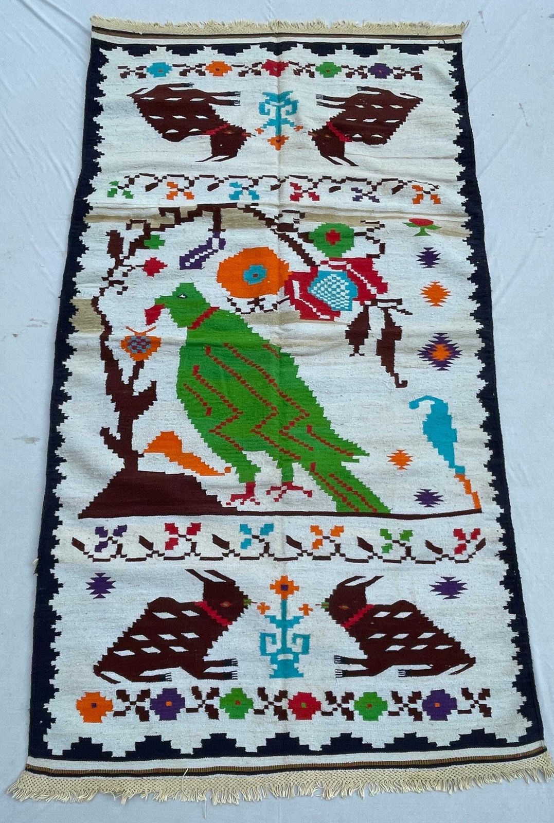 Vintage Handwoven Dhurrie Rug, Indian Folk Art Peacock Rabbit Design