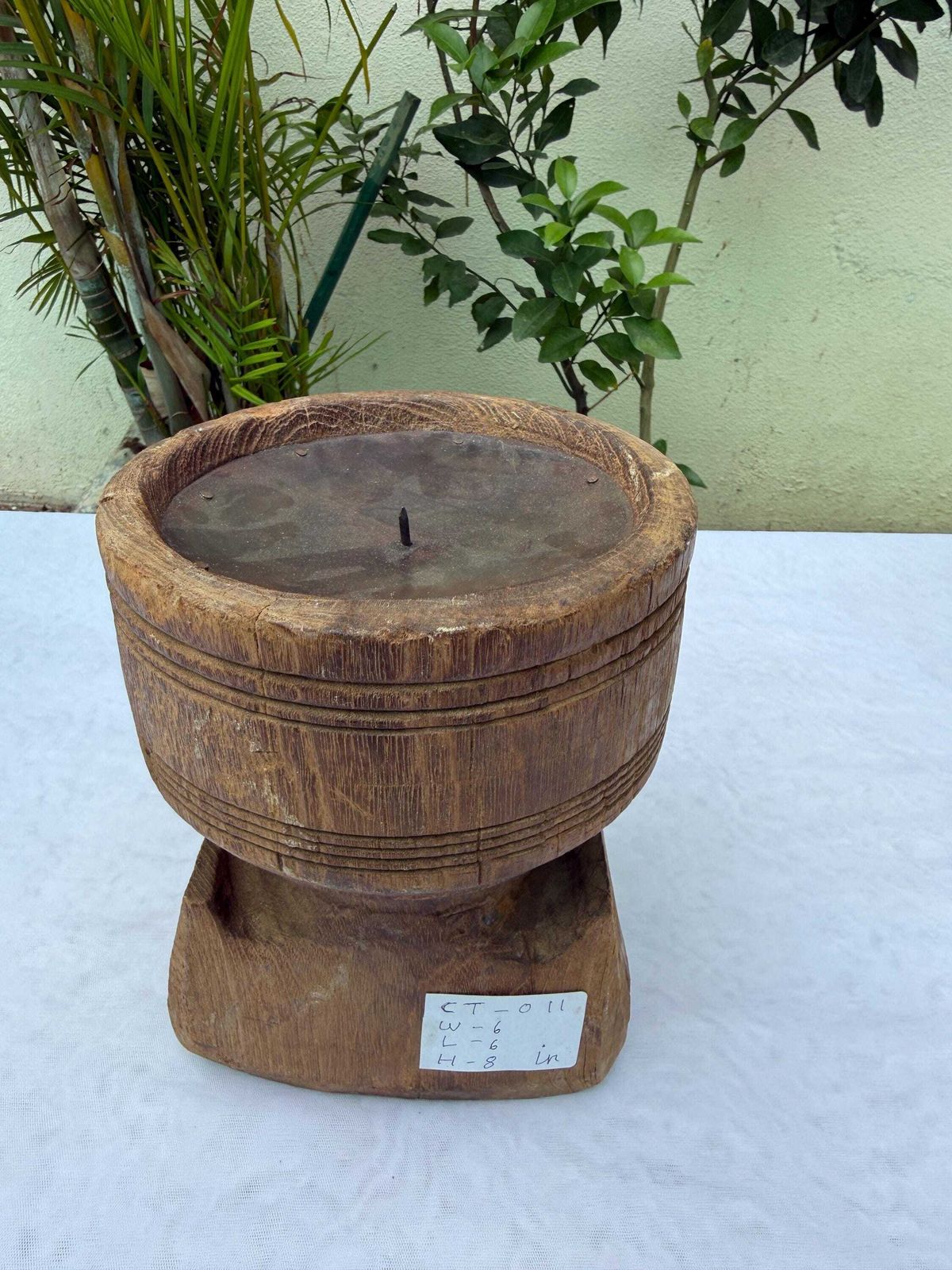Antique Indian Seed Sower Candle Holder | Hand Carved Teak Wabi Sabi Pedestal photo for sale