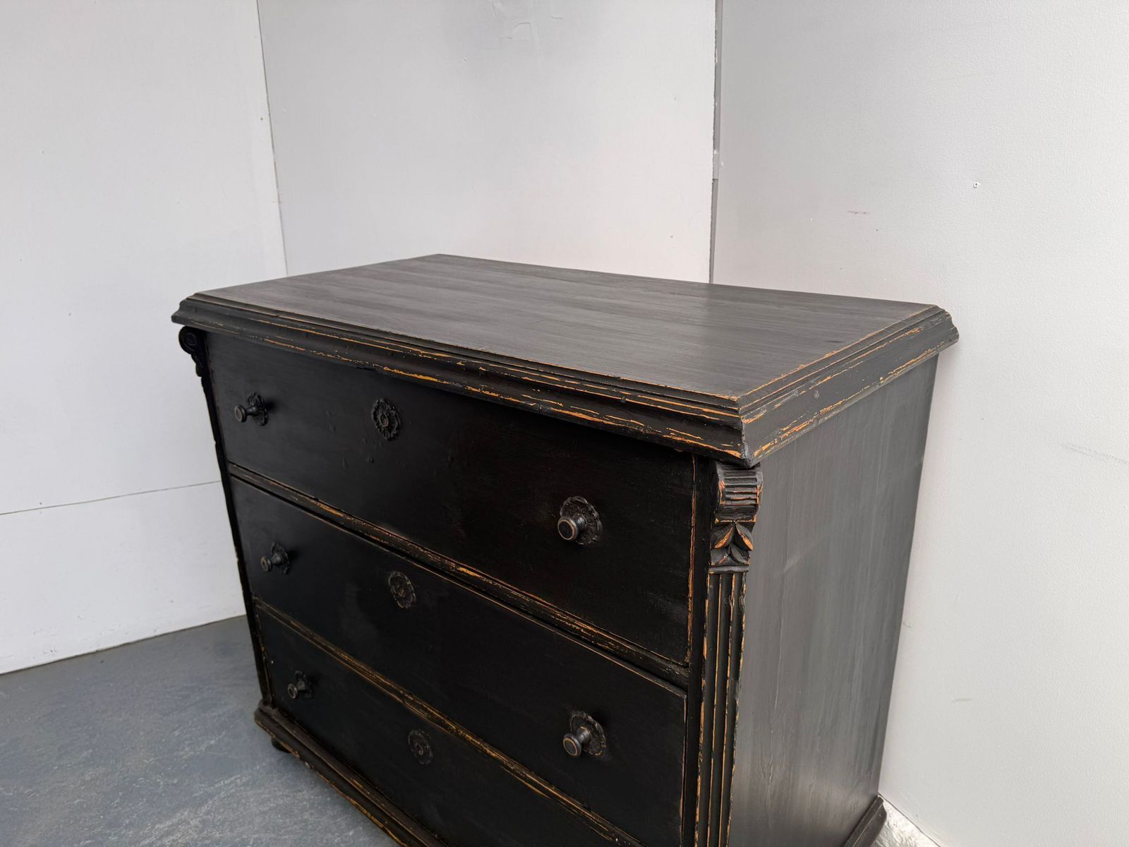 A Rare Original Hungarian Georgian Pine Black 3 Drawer Chest Of Drawers photo Furniture