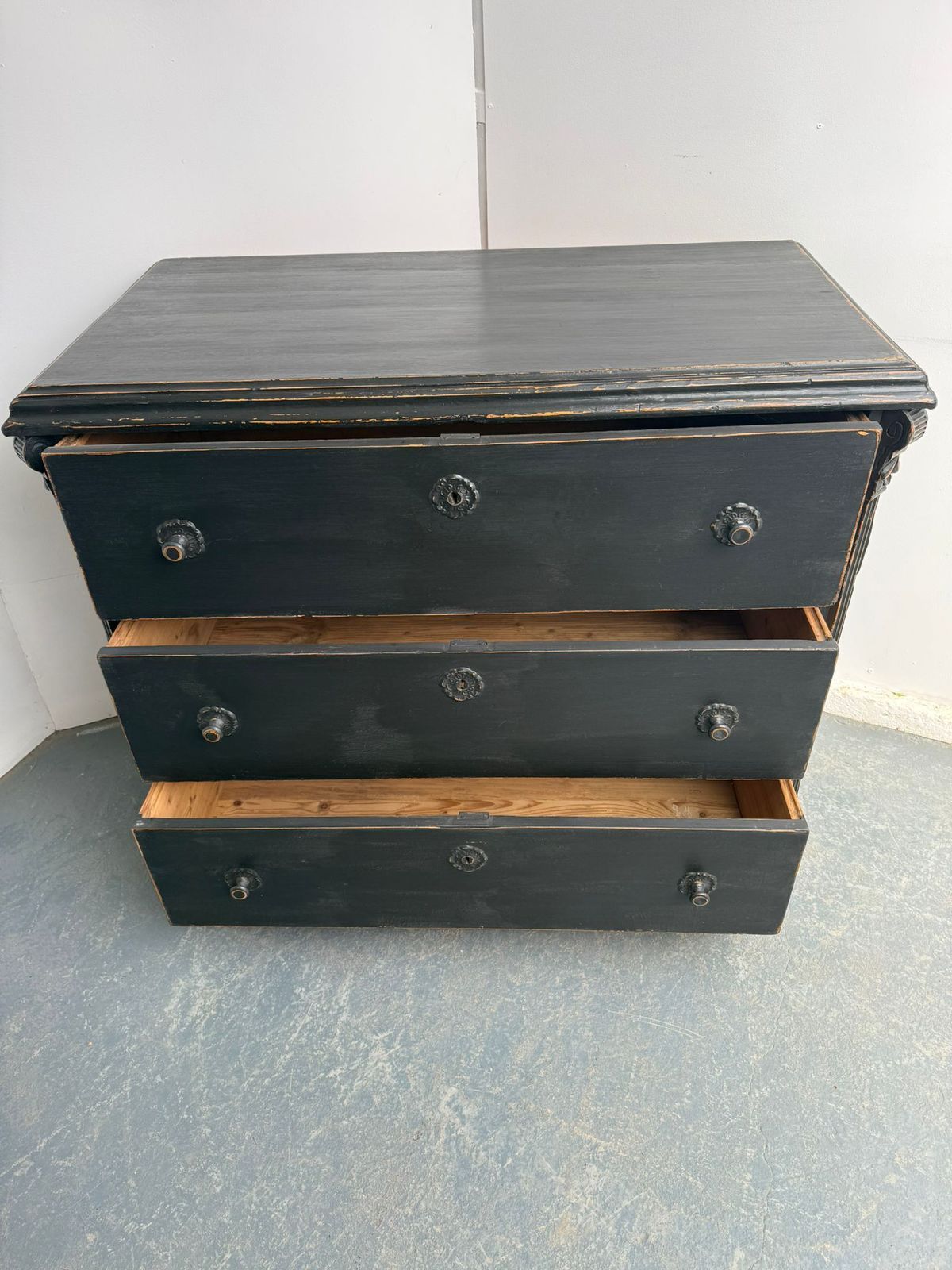 895.0 A Rare Original Hungarian Georgian Pine Black 3 Drawer Chest Of Drawers photo
