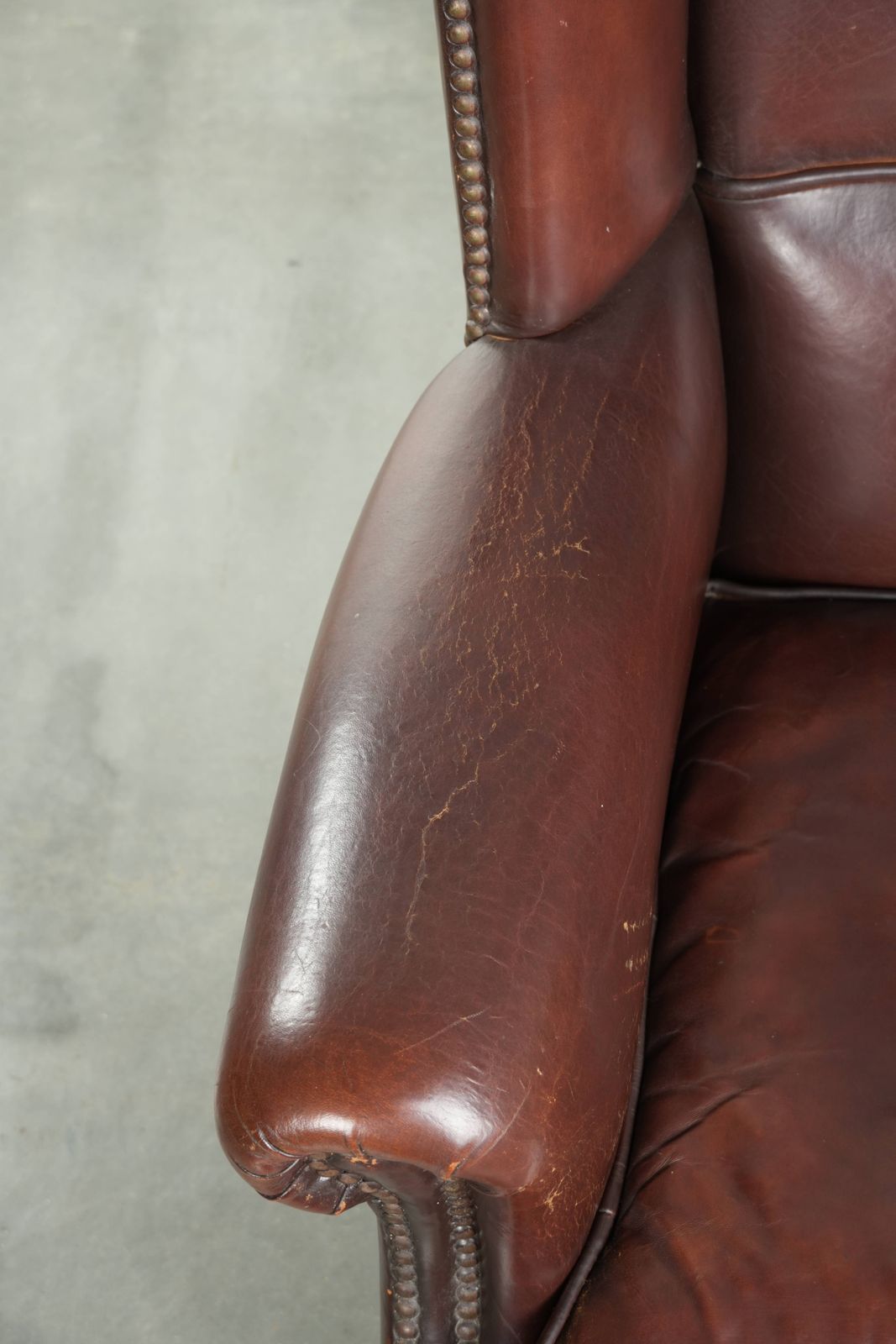 Lovely Vintage Sheepskin Armchair With A High Back In A Beautiful, Subtle Size, Finished With Decorative Nails. photo buy