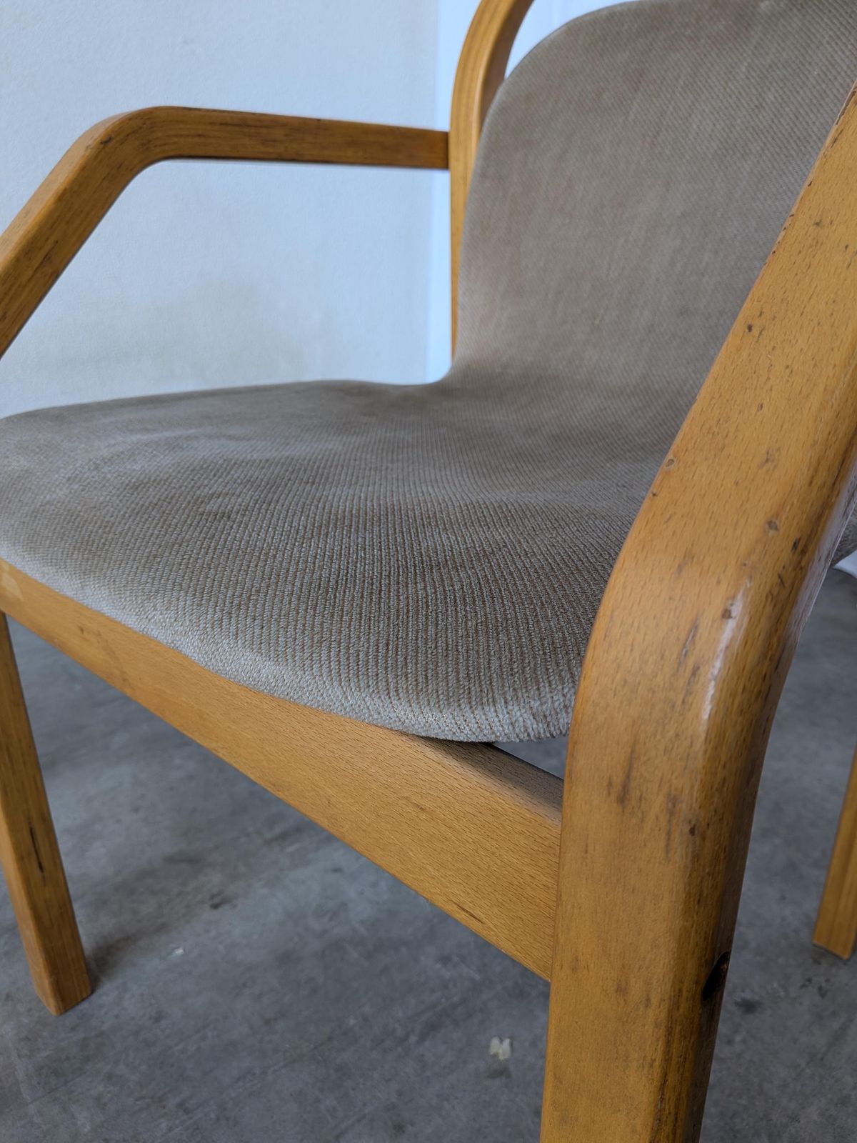 photo buy Vintage Beech Wood Dining Chair: 1970s Space Age Gray Fabric