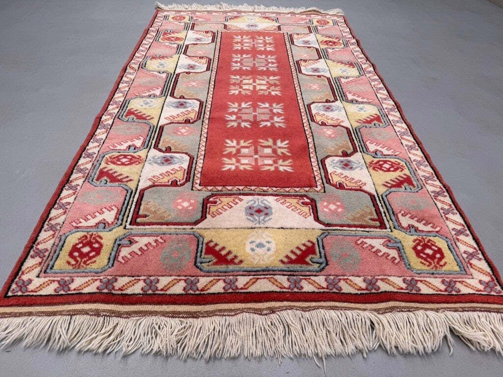 Turkish Milas Rug 212x120 Cm Vintage Carpet Ushak Region Pink Beige Blue 2529 photo buy