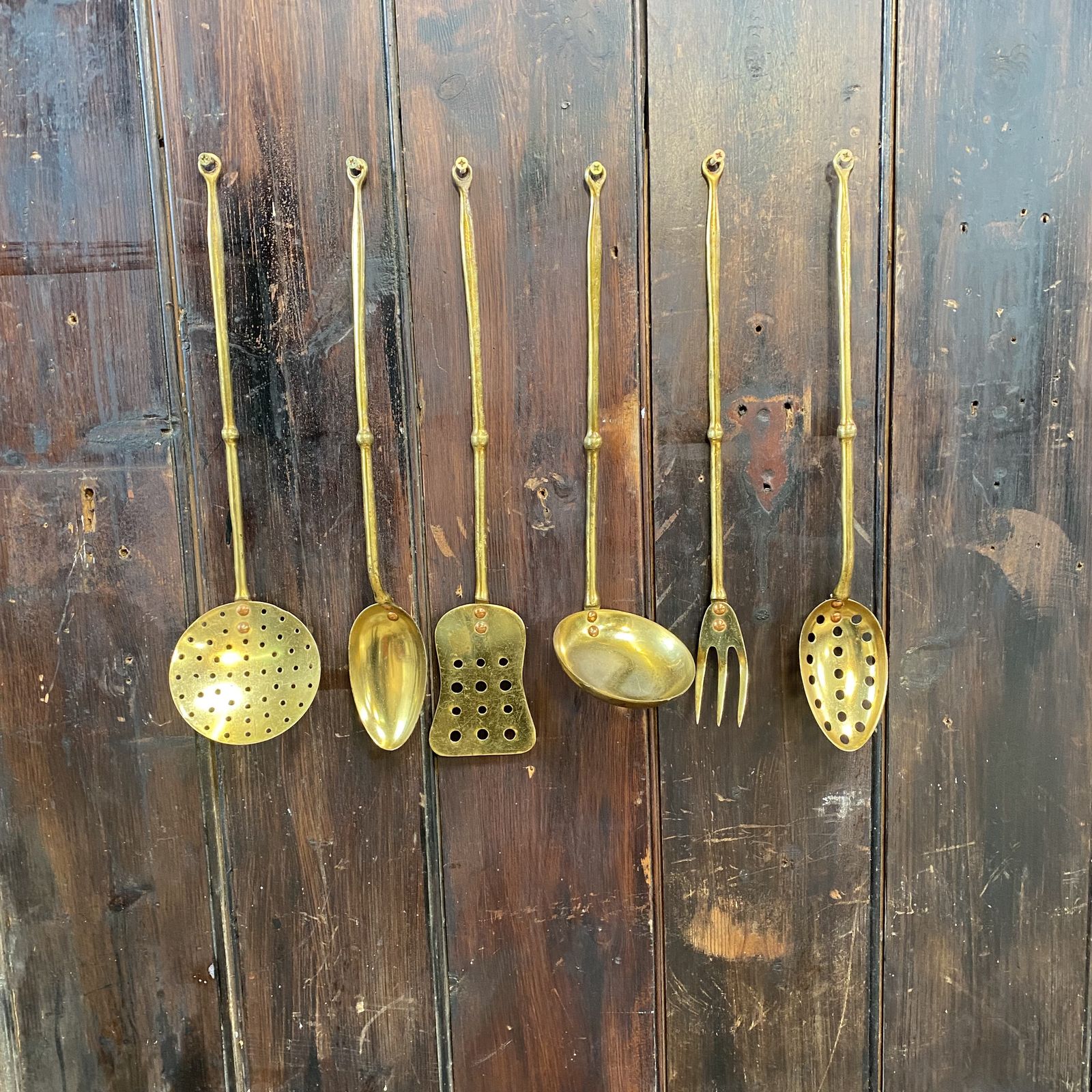 Vintage Kitchenalia Brass Faux Bamboo Kitchen Utensils Serving Spoons Set Of 6 photo furniture