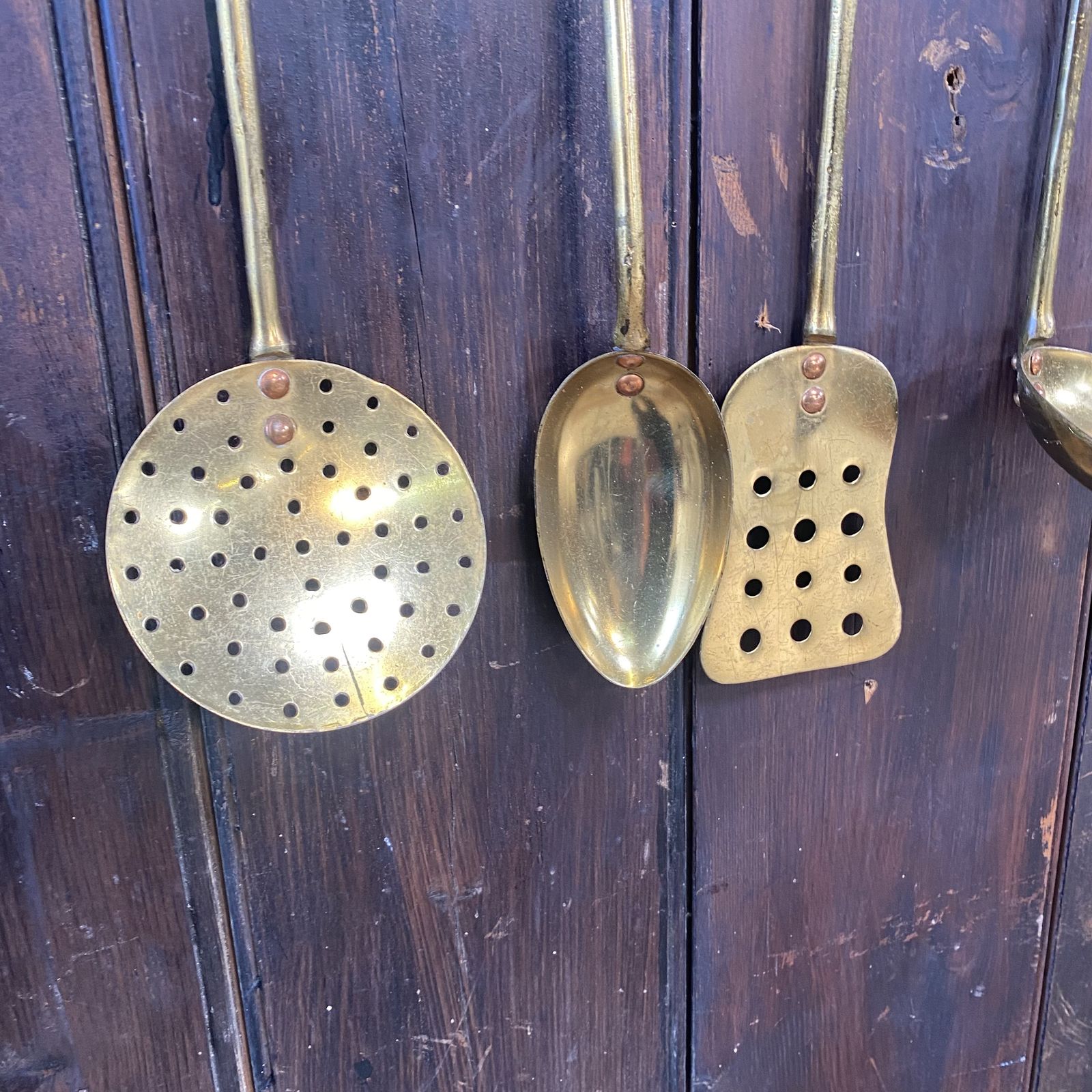 Vintage Kitchenalia Brass Faux Bamboo Kitchen Utensils Serving Spoons Set Of 6 photo Home Decor