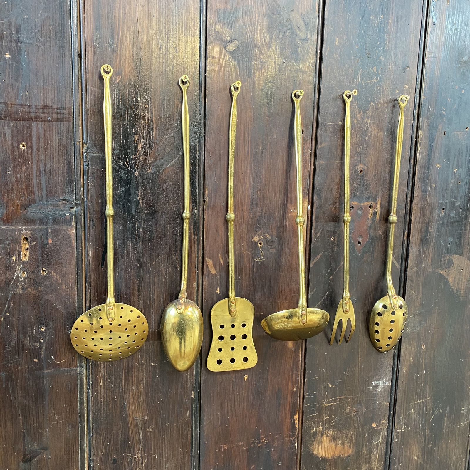 Vintage Kitchenalia Brass Faux Bamboo Kitchen Utensils Serving Spoons Set Of 6 photo vintage