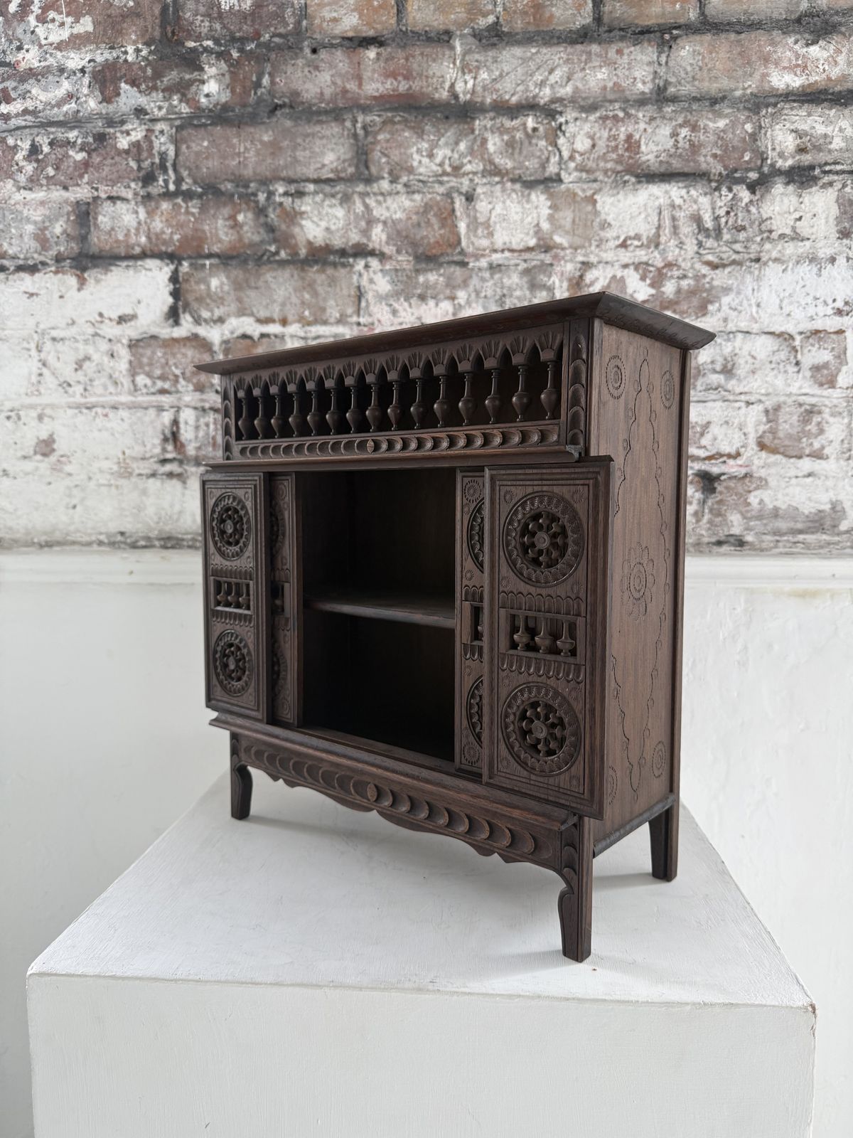 Breton Miniature Apprentice Piece Wheel Cabinet, Carved Chestnut, Late 19th/Early 20th Century photo vintage