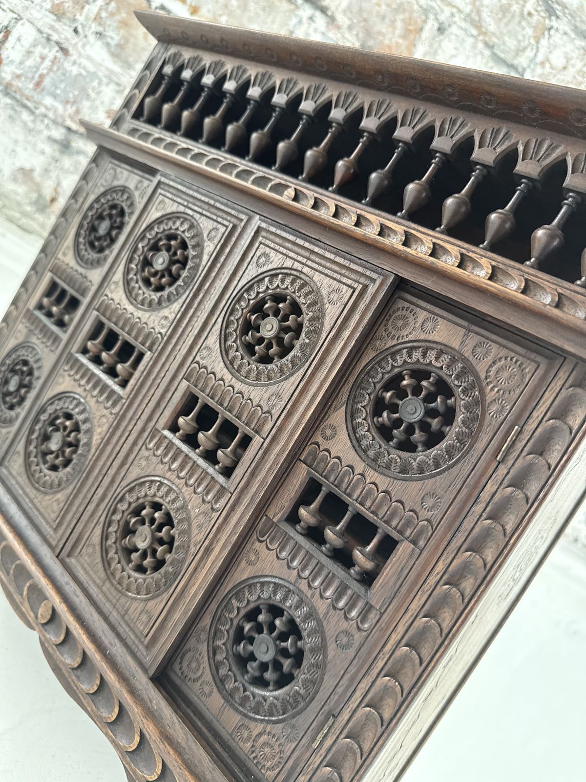 photo vintage Breton Miniature Apprentice Piece Wheel Cabinet, Carved Chestnut, Late 19th/Early 20th Century