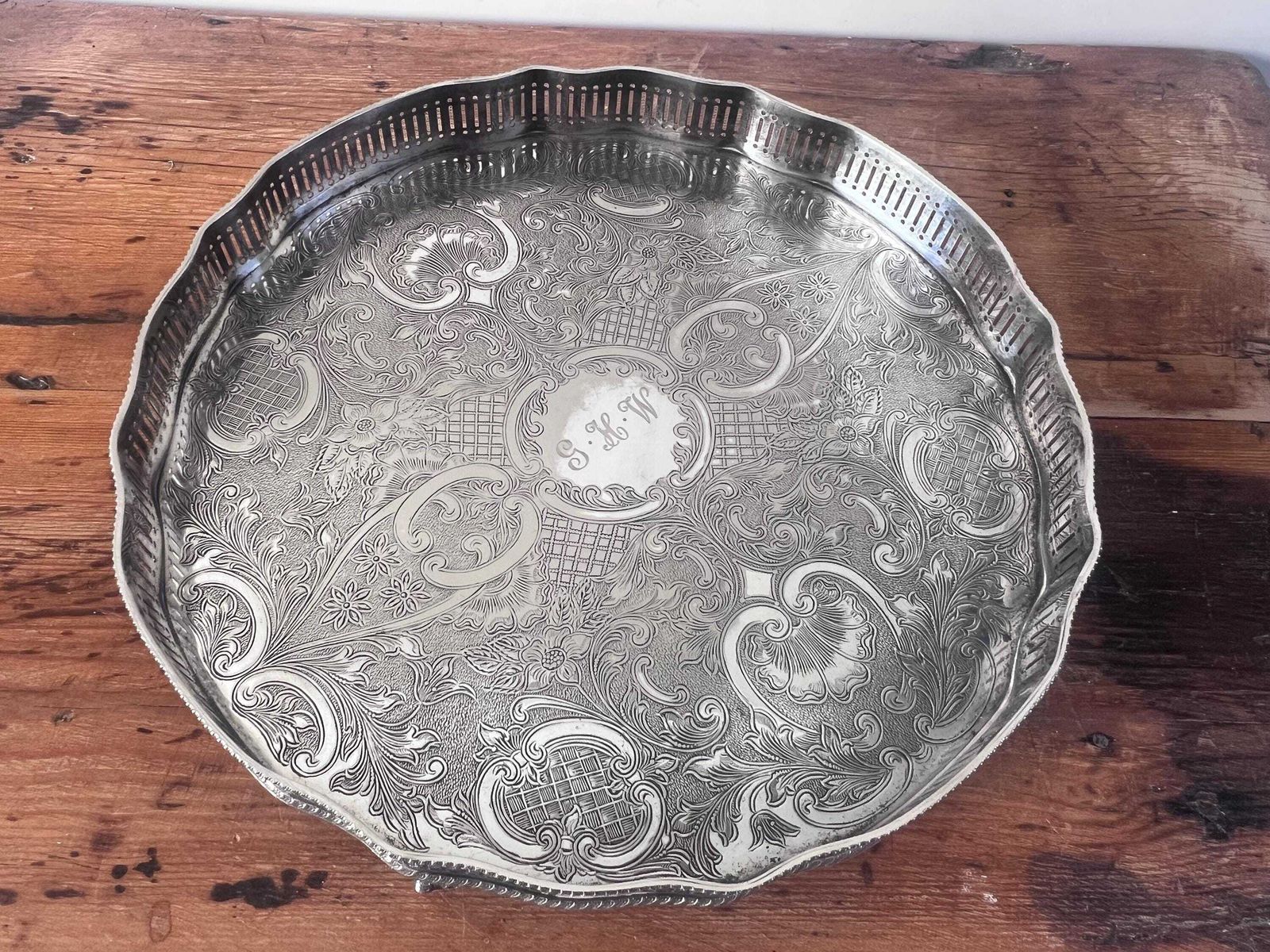 Vintage Sheffield Silver Plated On Copper Gallery Tray, Round Ornate Etched Serving Platter With Claw Feet & Monogram Engraved Drinks Tray photo furniture