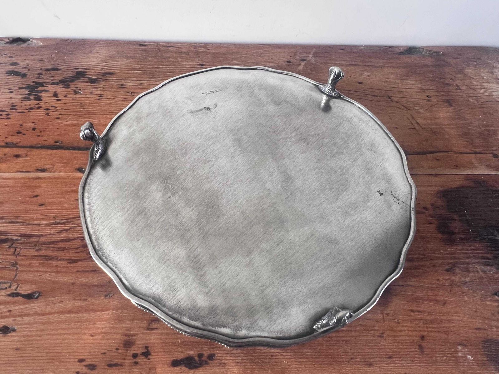 photo buy Vintage Sheffield Silver Plated On Copper Gallery Tray, Round Ornate Etched Serving Platter With Claw Feet & Monogram Engraved Drinks Tray
