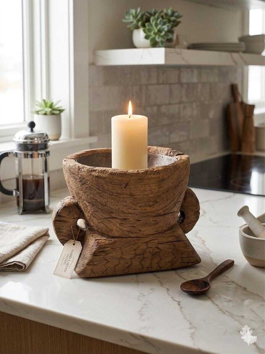 Antique Indian Seed Sower Candle Holder | Hand Carved Teak Wabi Sabi Stand photo furniture