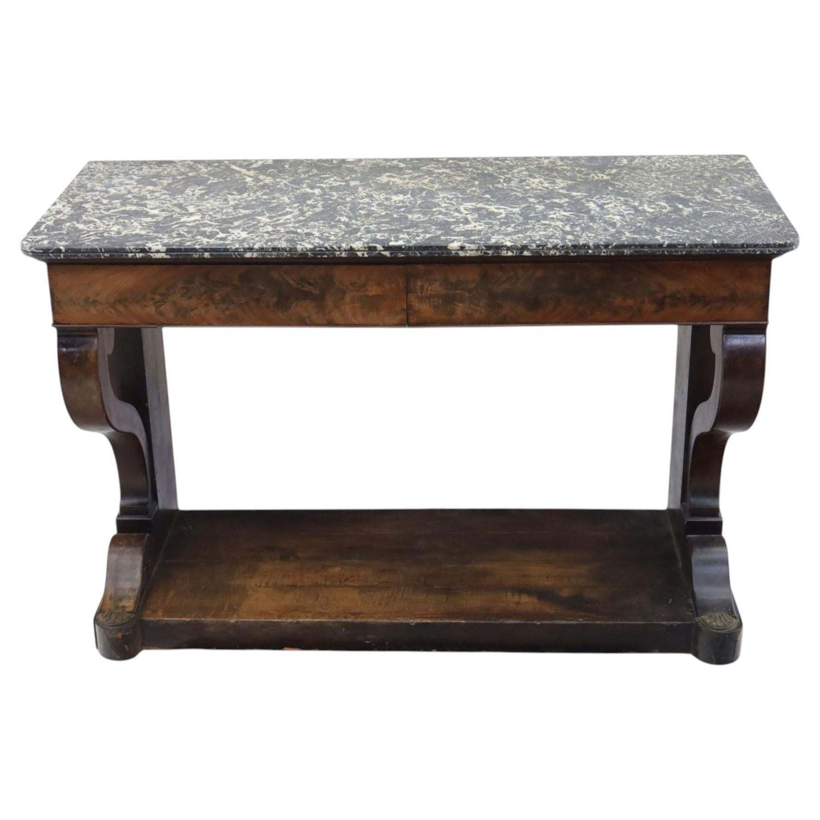 Fine Napoleon I Period French Mahogany Console Table With Variegated Marble Top