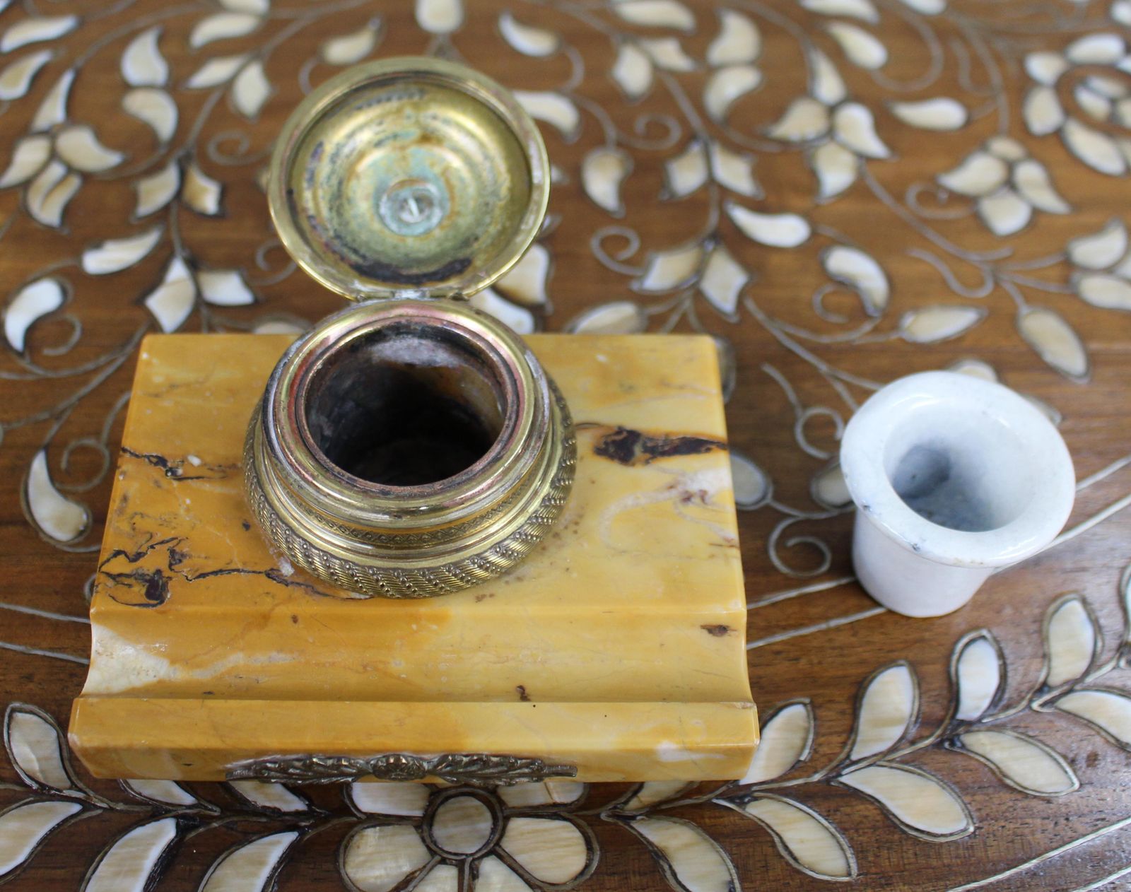 Antique Siena Marble And Ormolu Inkwell C.1900 photo vintage