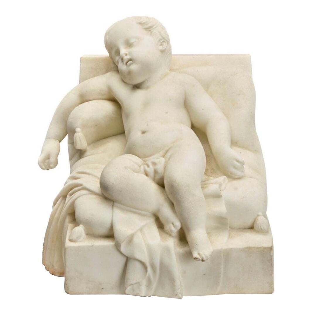 19th Century Italian Carrara Marble Sculpture Of Sleeping Putto