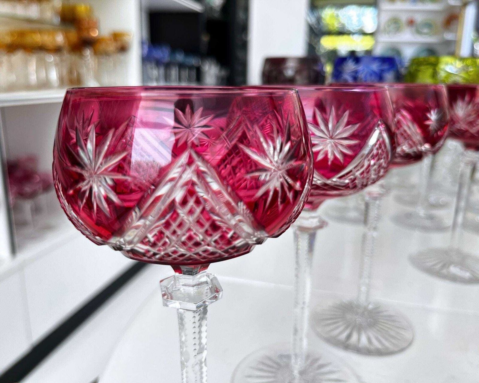 Verres à vin Val Saint Lambert en rouge, 6 pièces, Art déco photo for sale