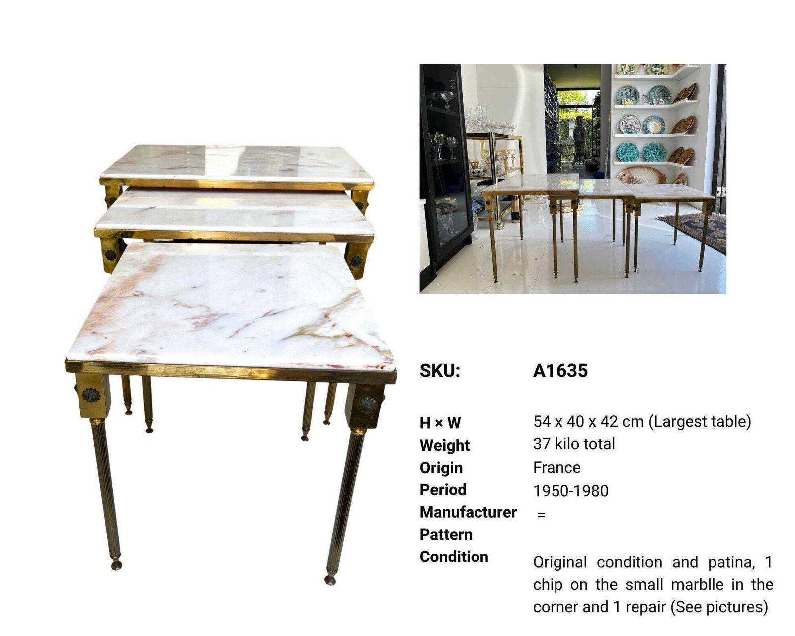 Tables gigognes, petites tables d'appoint, marbre et laiton, France photo vintage