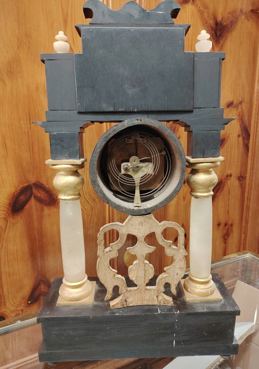 Biedermeier Mantel Clock In Ebonized And Gilded Wood, With Alabaster Columns, 19th Century photo 619.0