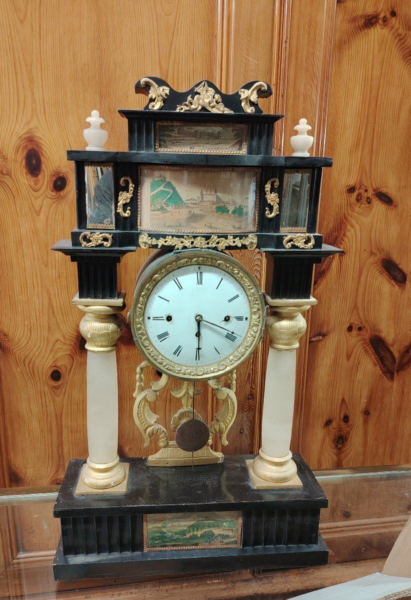 619.0 Biedermeier Mantel Clock In Ebonized And Gilded Wood, With Alabaster Columns, 19th Century photo