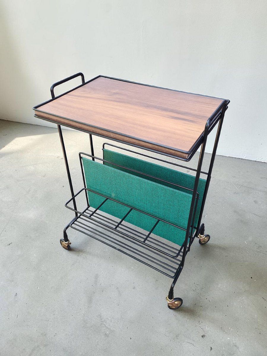 Side Table With Magazine Rack On Casters In Metal And Veneer, 1960s photo furniture