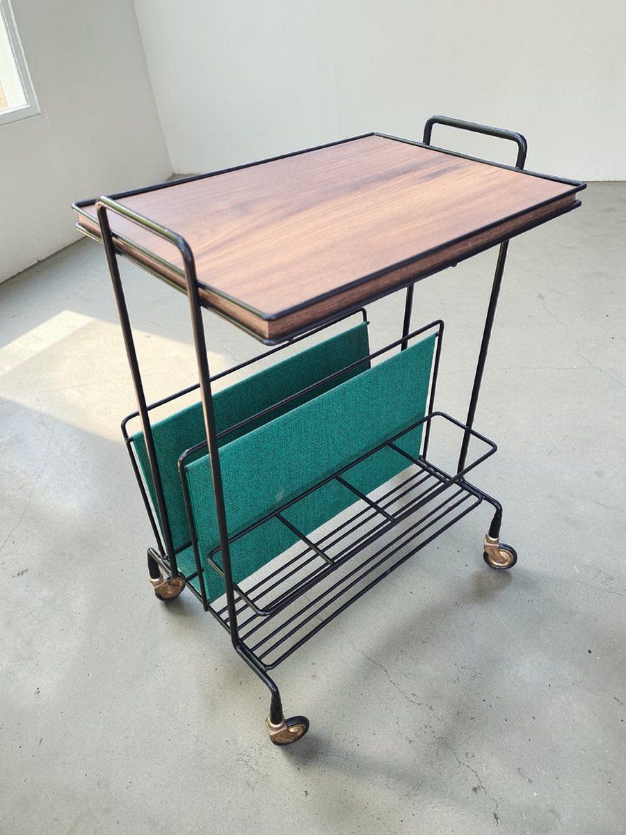Side Table With Magazine Rack On Casters In Metal And Veneer, 1960s photo Furniture