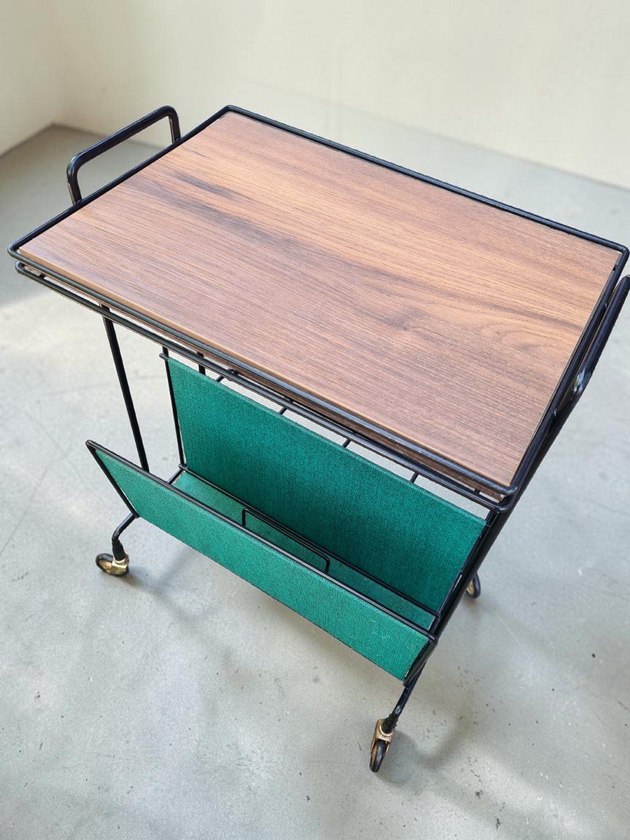 Side Table With Magazine Rack On Casters In Metal And Veneer, 1960s photo vinterior