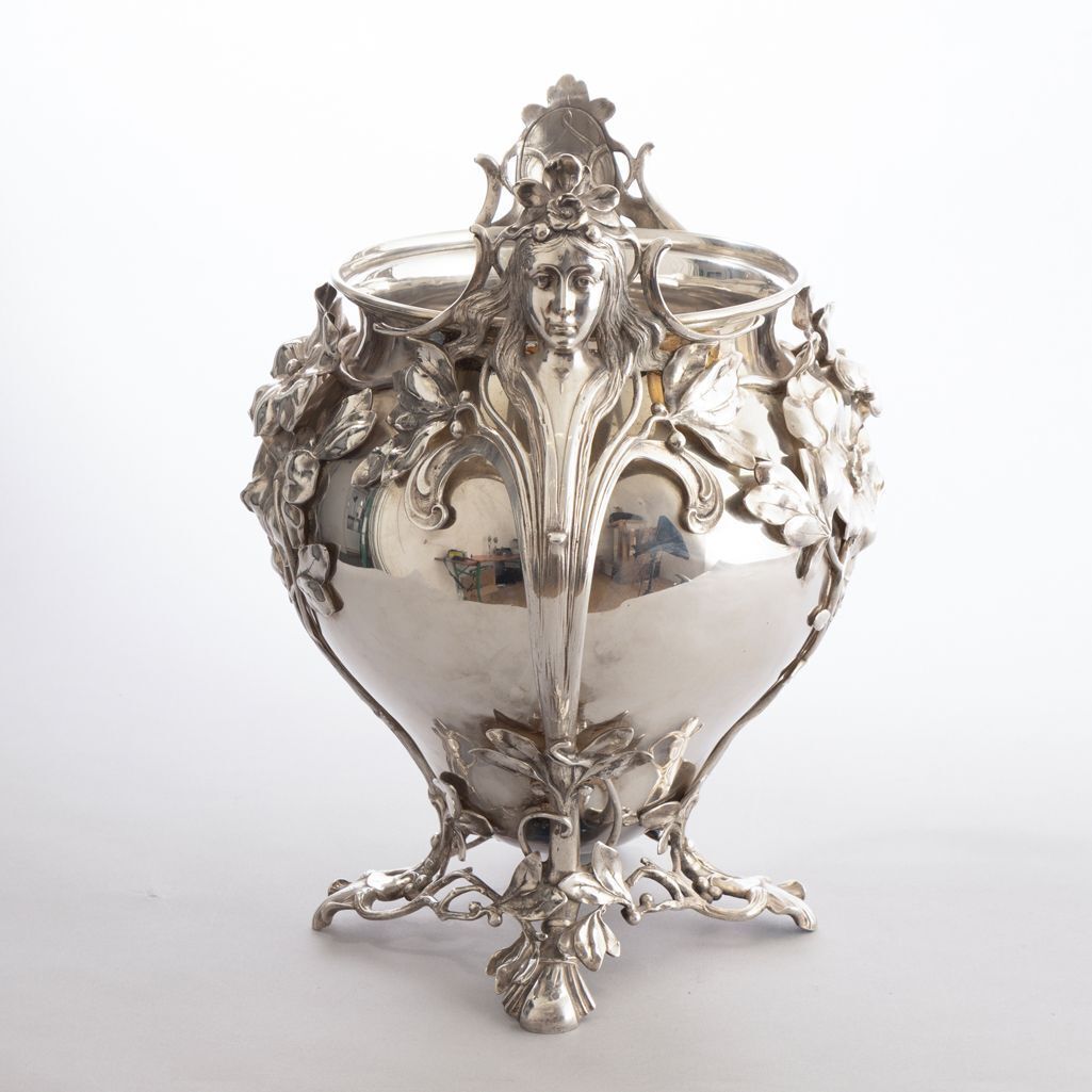 Large Art Nouveau Cast Vase / Champagne Bucket With Tendrils & Flower Heads By Wmf photo for sale