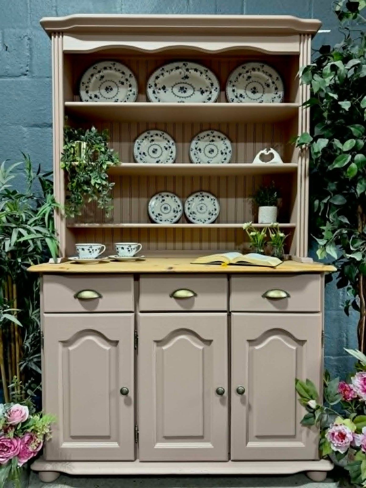Available Professionally Upcycled Painted Pine Welsh Dresser Dusty Pink Damask