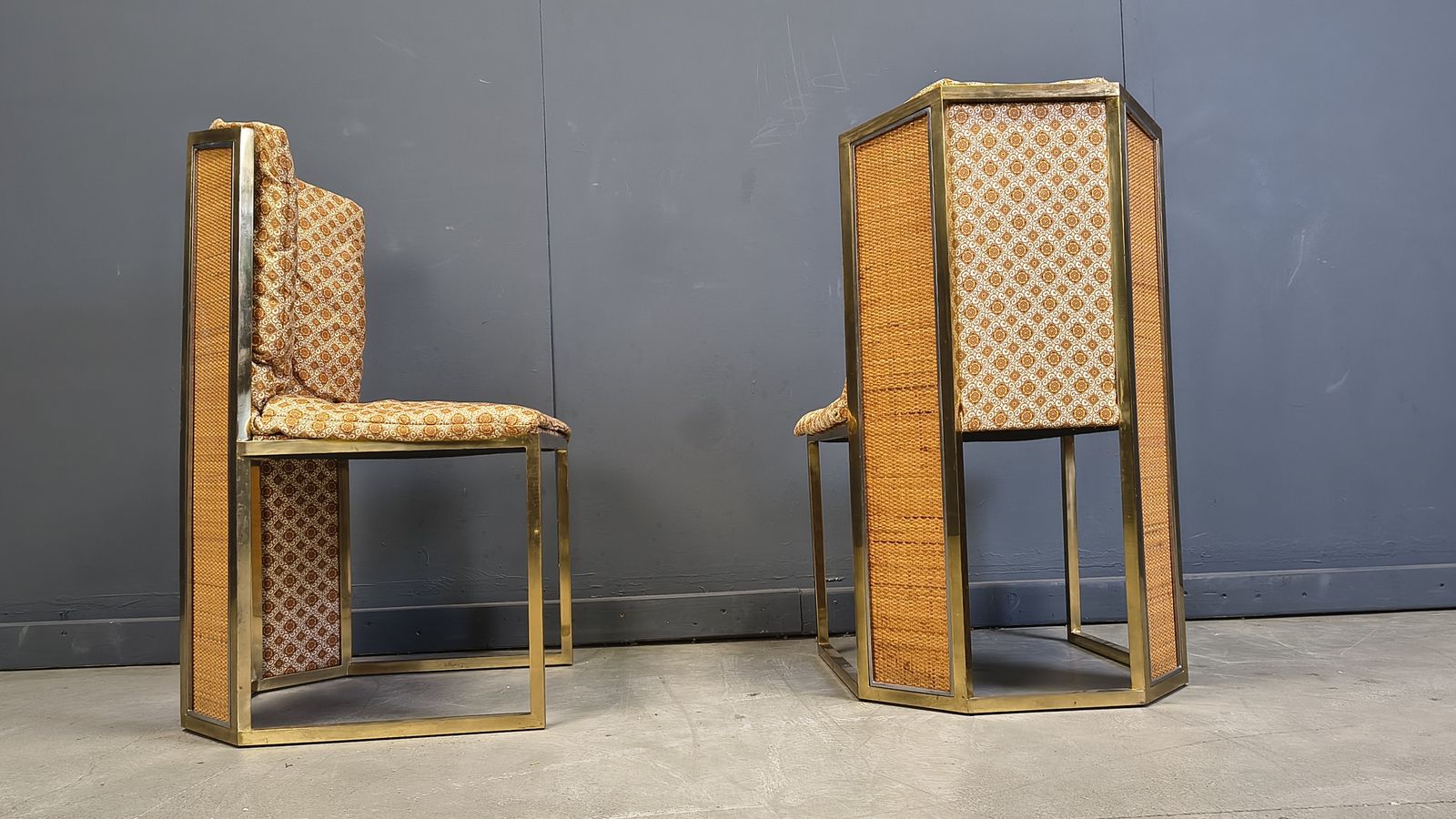 Romeo Rega N. 6 Chairs In Brass Metal And Wicker For Mario Sabot, 1970s   Set Of 4 photo for sale
