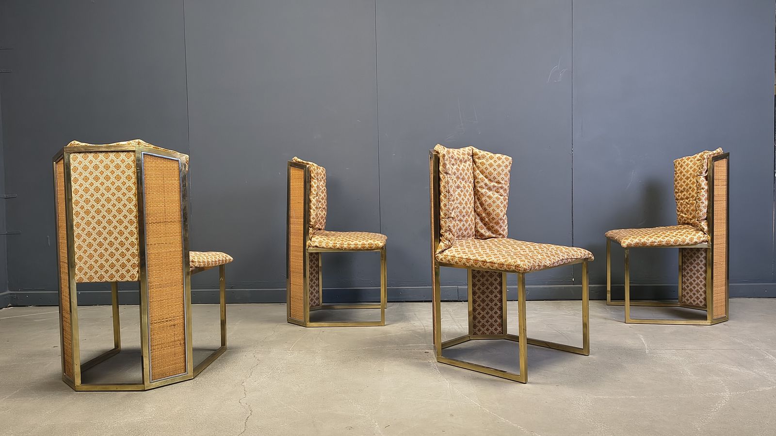 Romeo Rega N. 6 Chairs In Brass Metal And Wicker For Mario Sabot, 1970s   Set Of 4