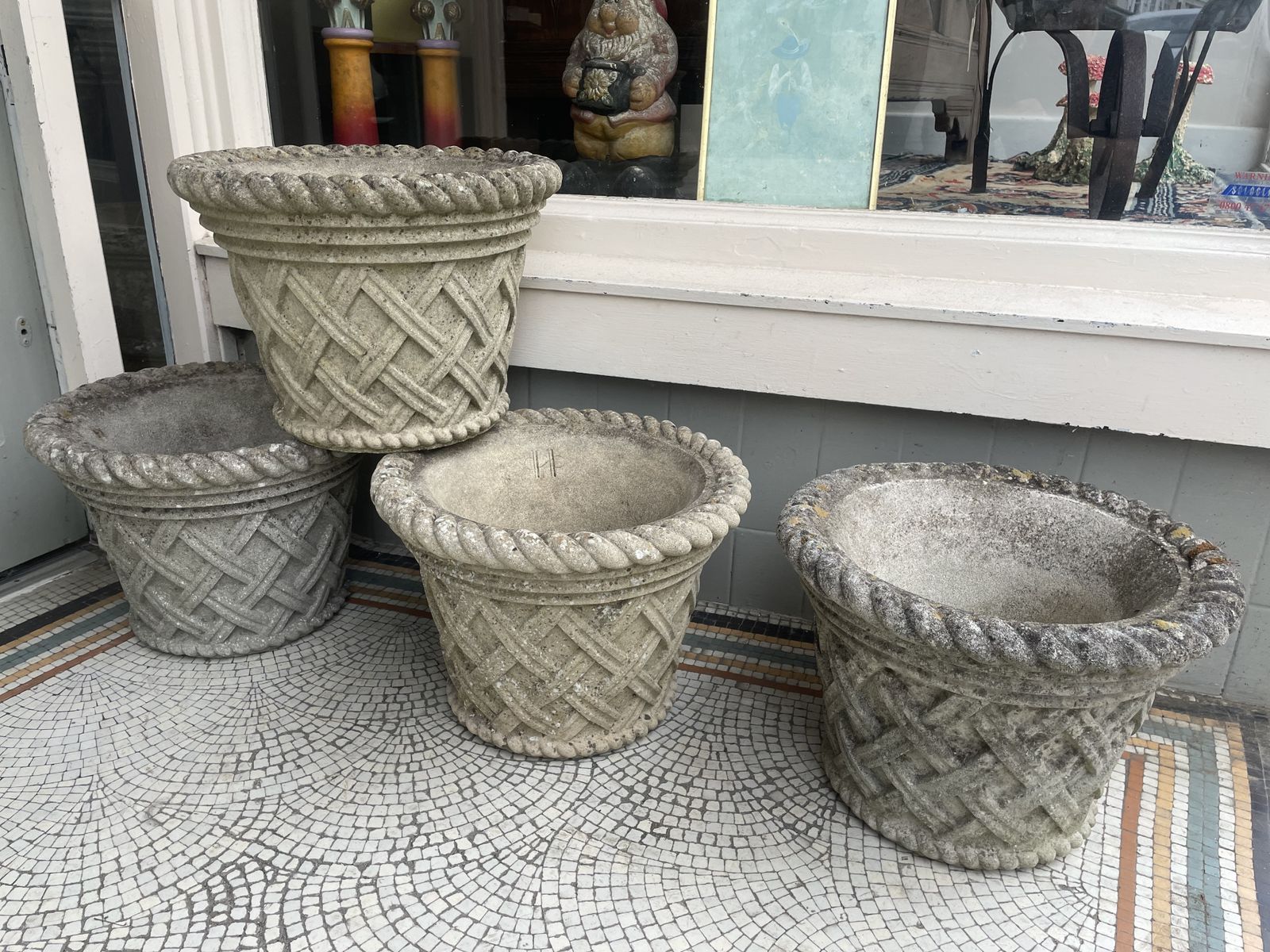 Vintage Group Of 4 Quality Haddonstone Weathered Basket Weave And Rope Edge  Planters photo vintage