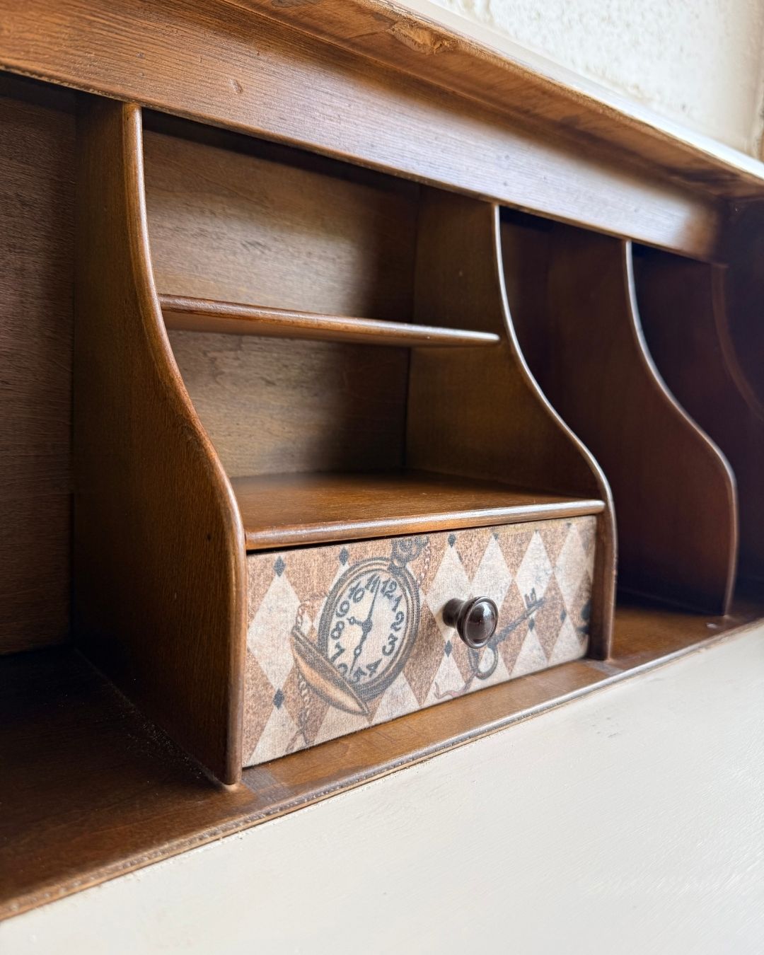 Alice In Wonderland Vintage Bureau | Hand Painted Writing Desk | Distressed Cream Secretary | Decoupage photo 529.0