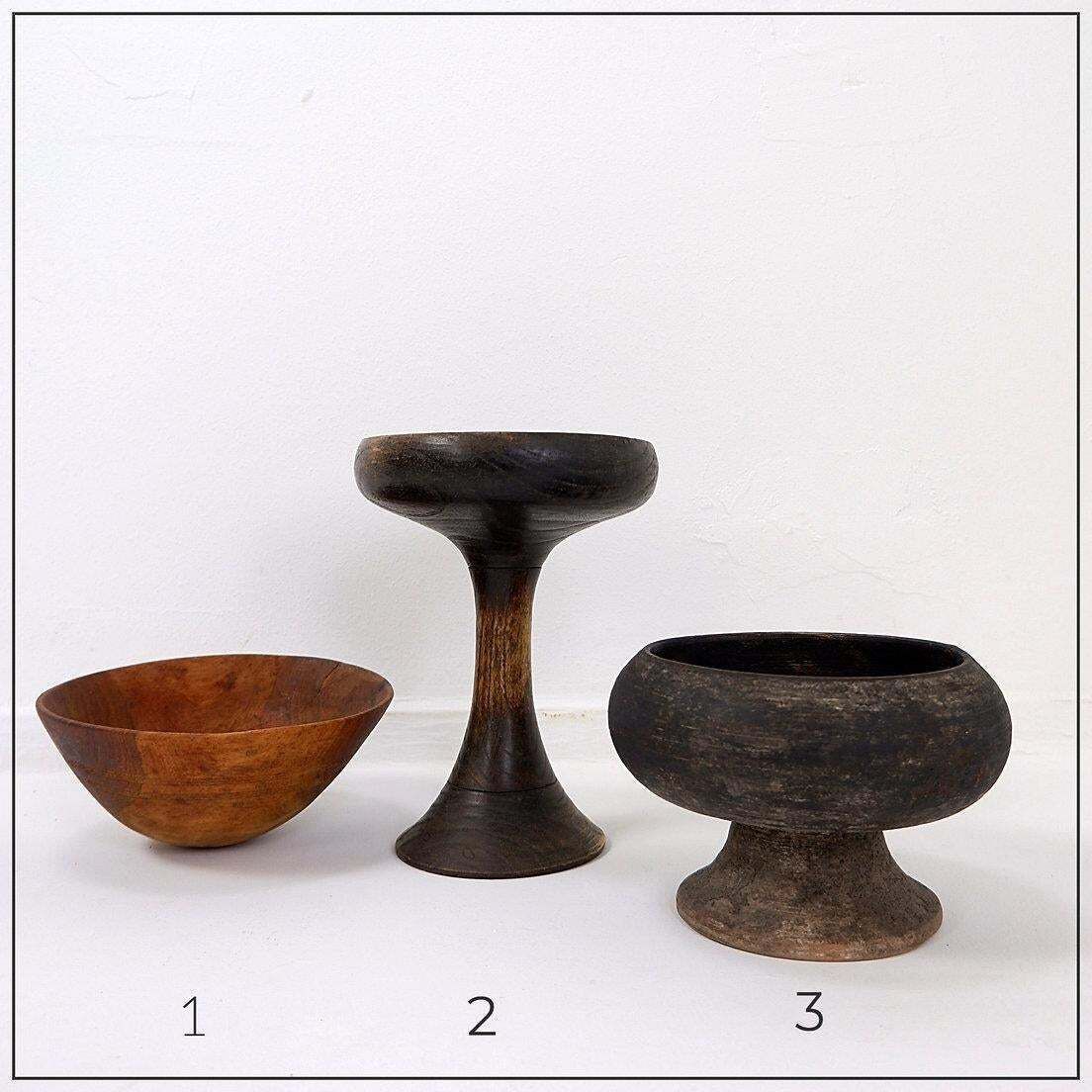 Set Of 3 Wabi Sabi Wooden Cups And Bowls, Folk Art, 20th Century photo furniture