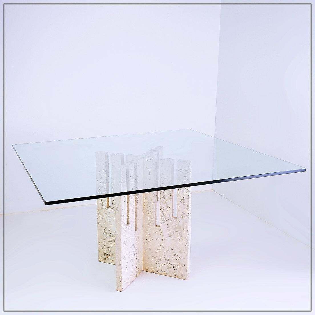Furniture Large Square Dining Table In Travertine And Glass   Italy 1970s photo