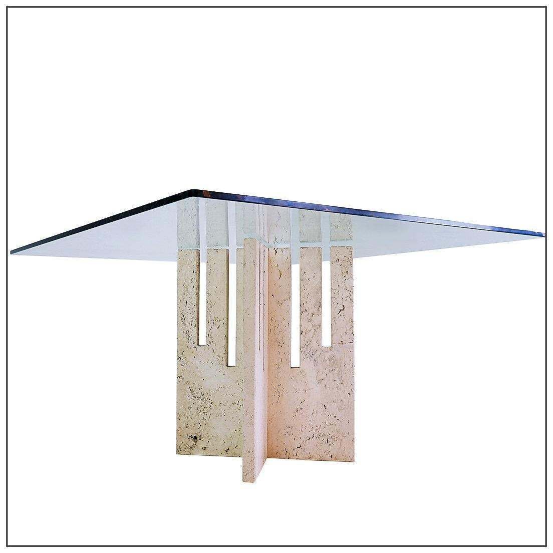 photo buy Large Square Dining Table In Travertine And Glass   Italy 1970s