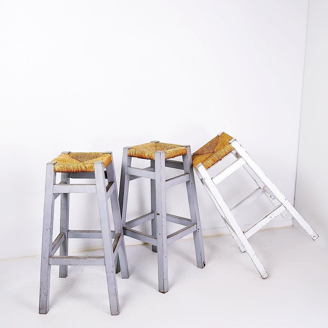Set Of 3 Vintage Wood Framed Rush Seat Bar Stools, Circa 1960 photo furniture