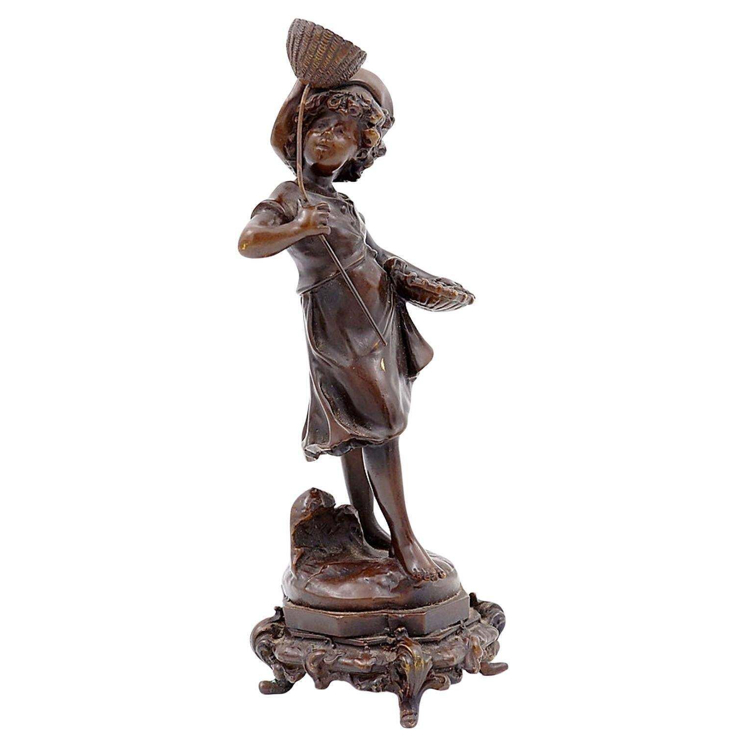 Bronze Boy With Butterfly By Auguste Moreau, France, Late 19th Century