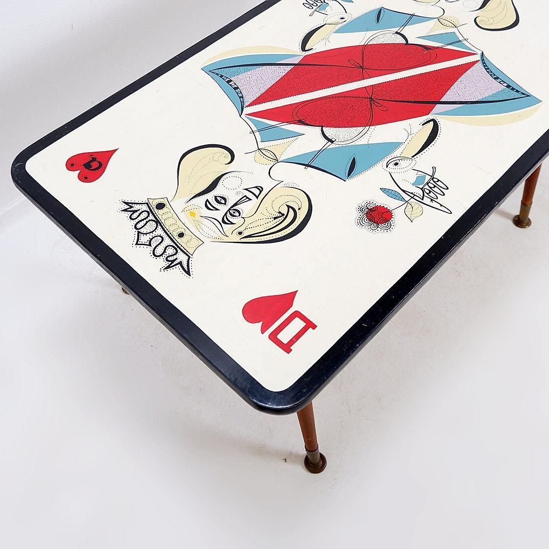 photo for sale Mid Century 'Dame De Coeur' Coffee Table, Wood & Brass, 1950s