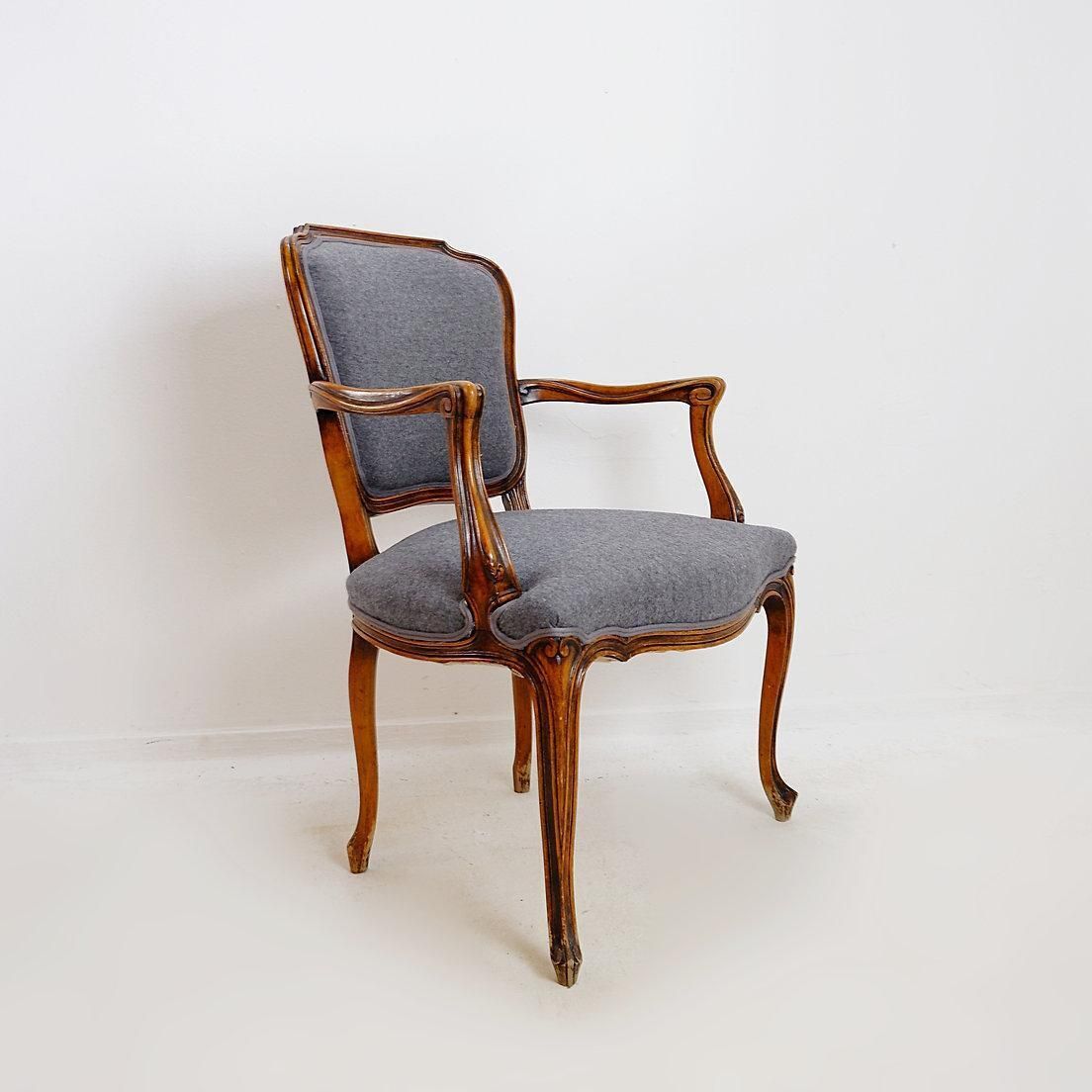 Louis XV Style Armchair In Mouse Gray Felt, Carved Wood, 20th Century photo furniture