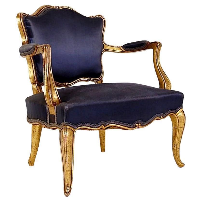Louis XV Style Armachairs With Original Navy Blue Silk Upholstery   20th