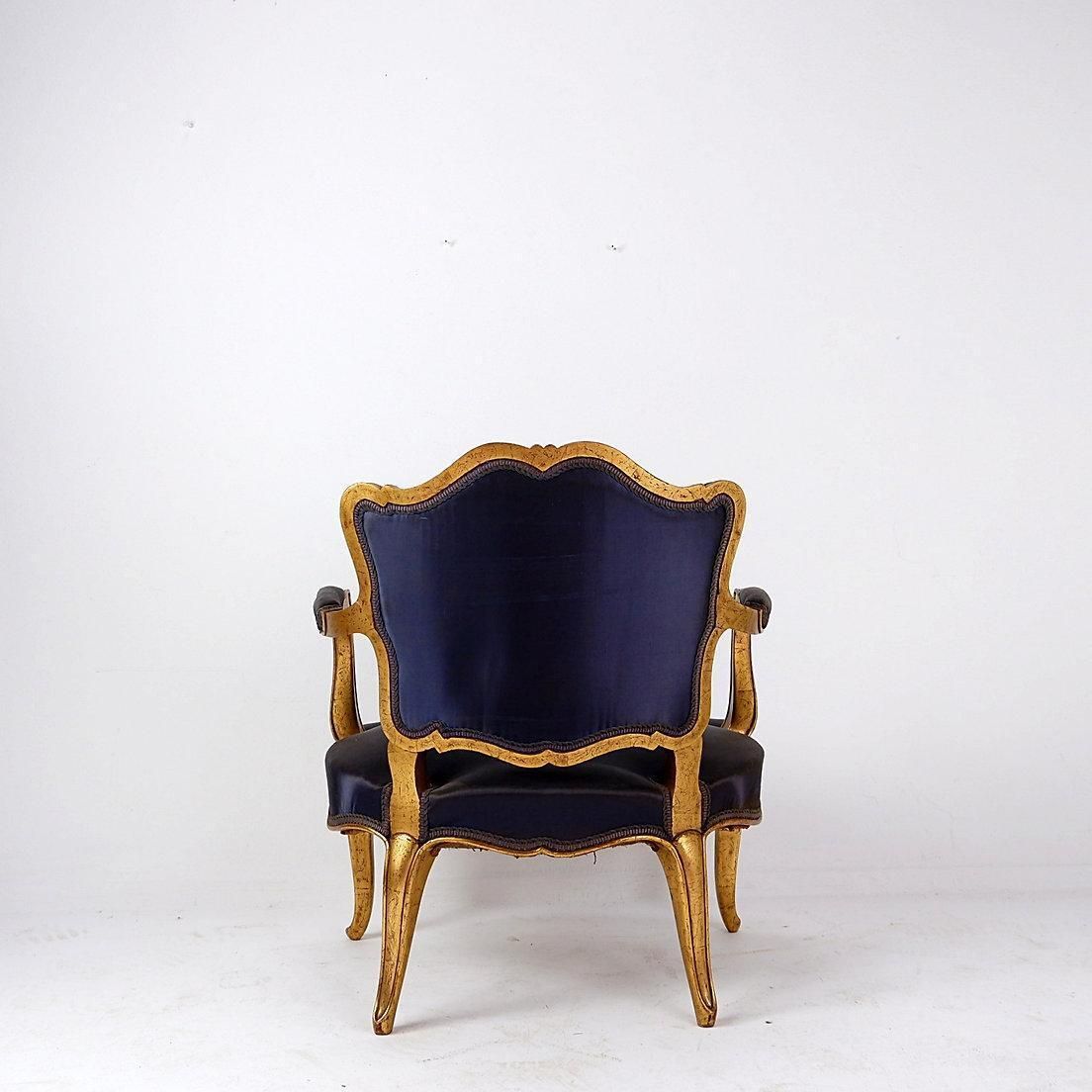 Louis XV Style Armachairs With Original Navy Blue Silk Upholstery   20th photo for sale