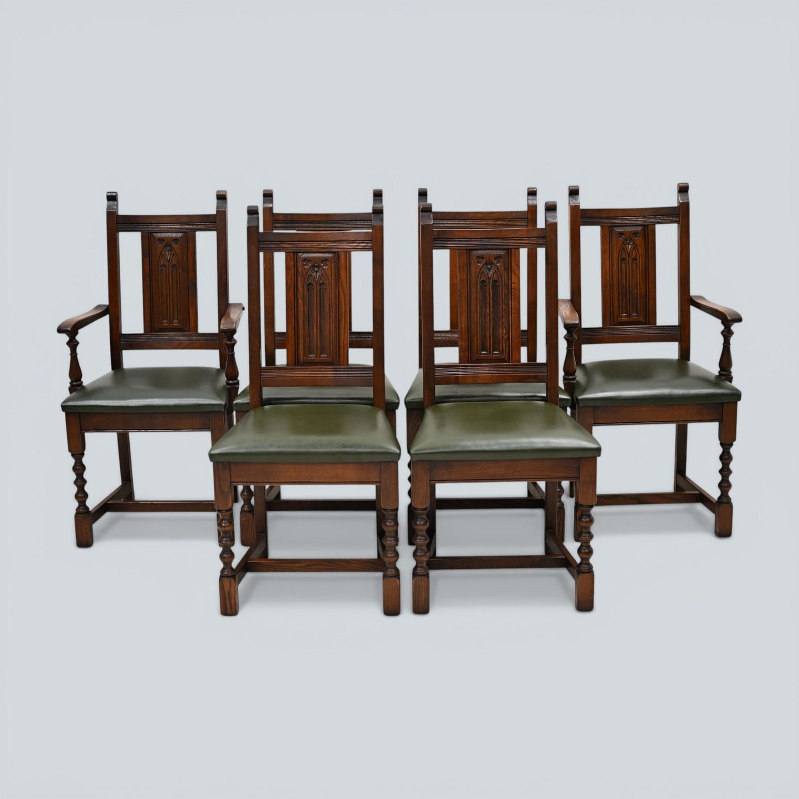 6 Oak Dining Chairs Old Charm Green Leather Seats Tudor Brown Free Uk Delivery