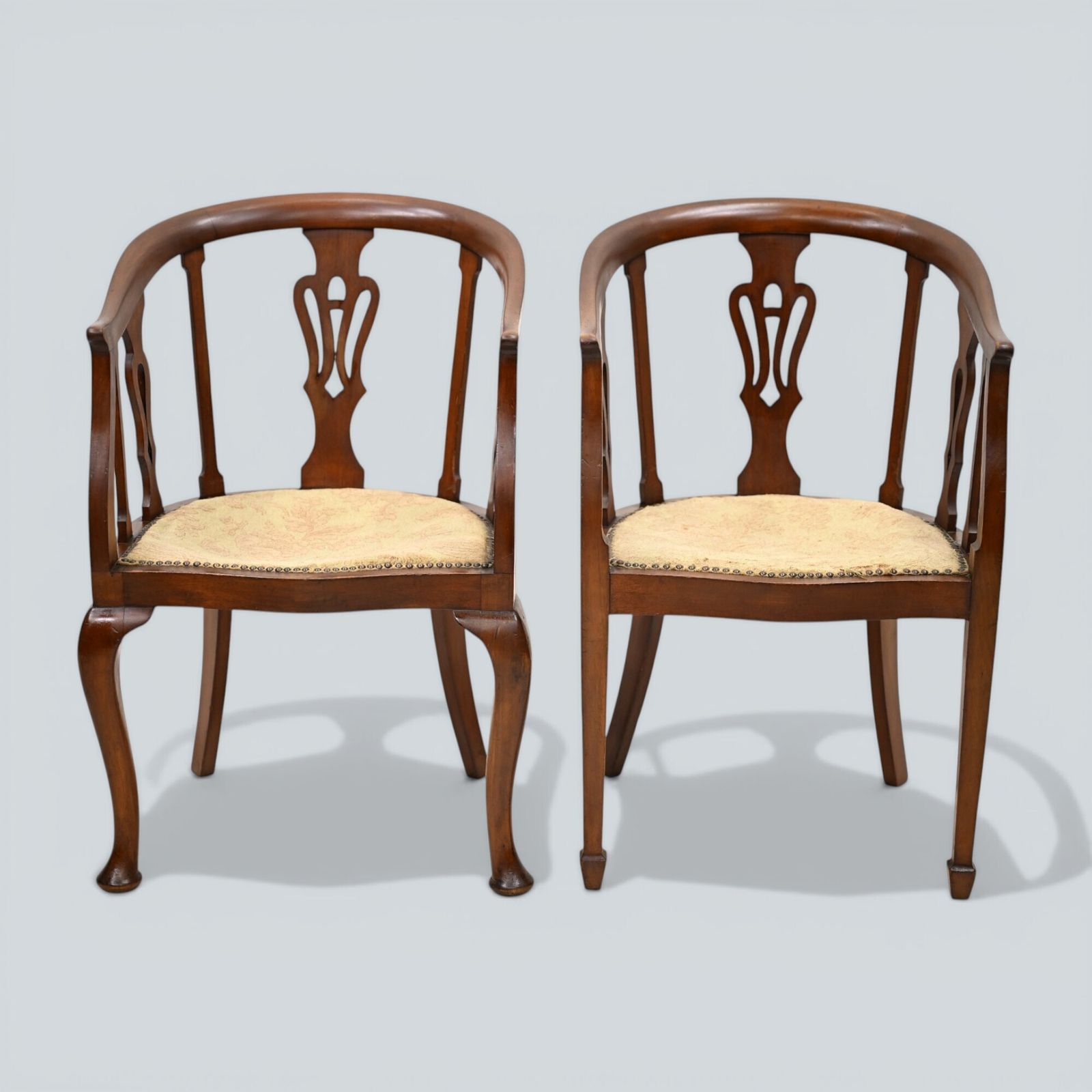 Two Edwardian Mahogany Tub Chairs His & Hers Upholstered Seats Free Uk Delivery