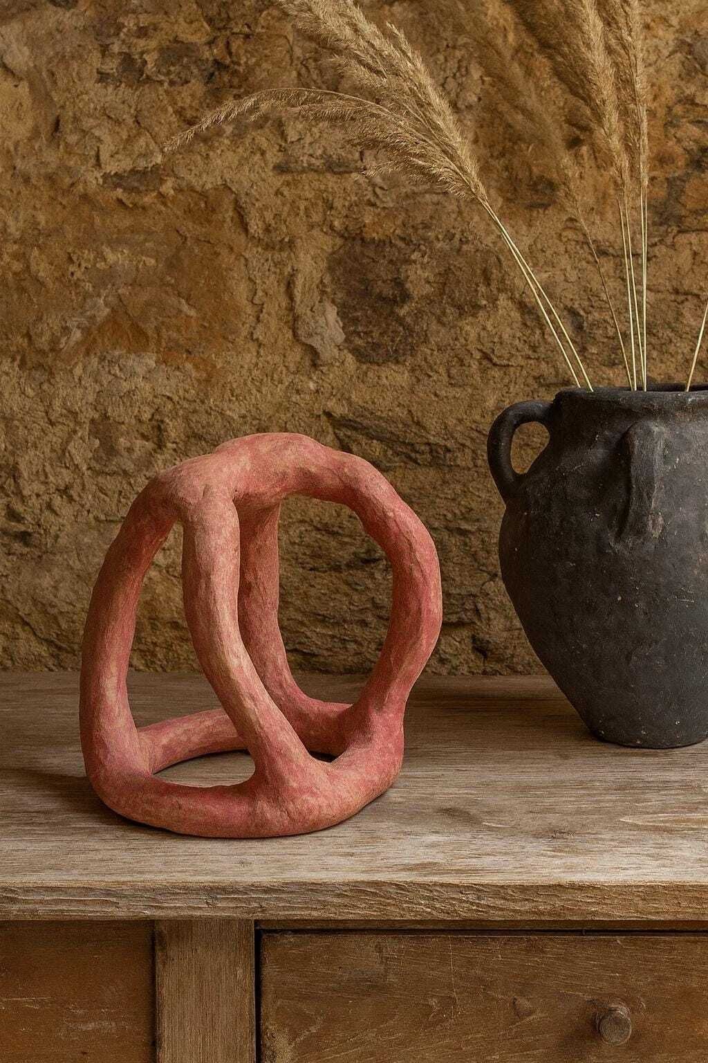 Handmade Abstract Paper Mache Sculpture, Pink Wabi Sabi Home Decor