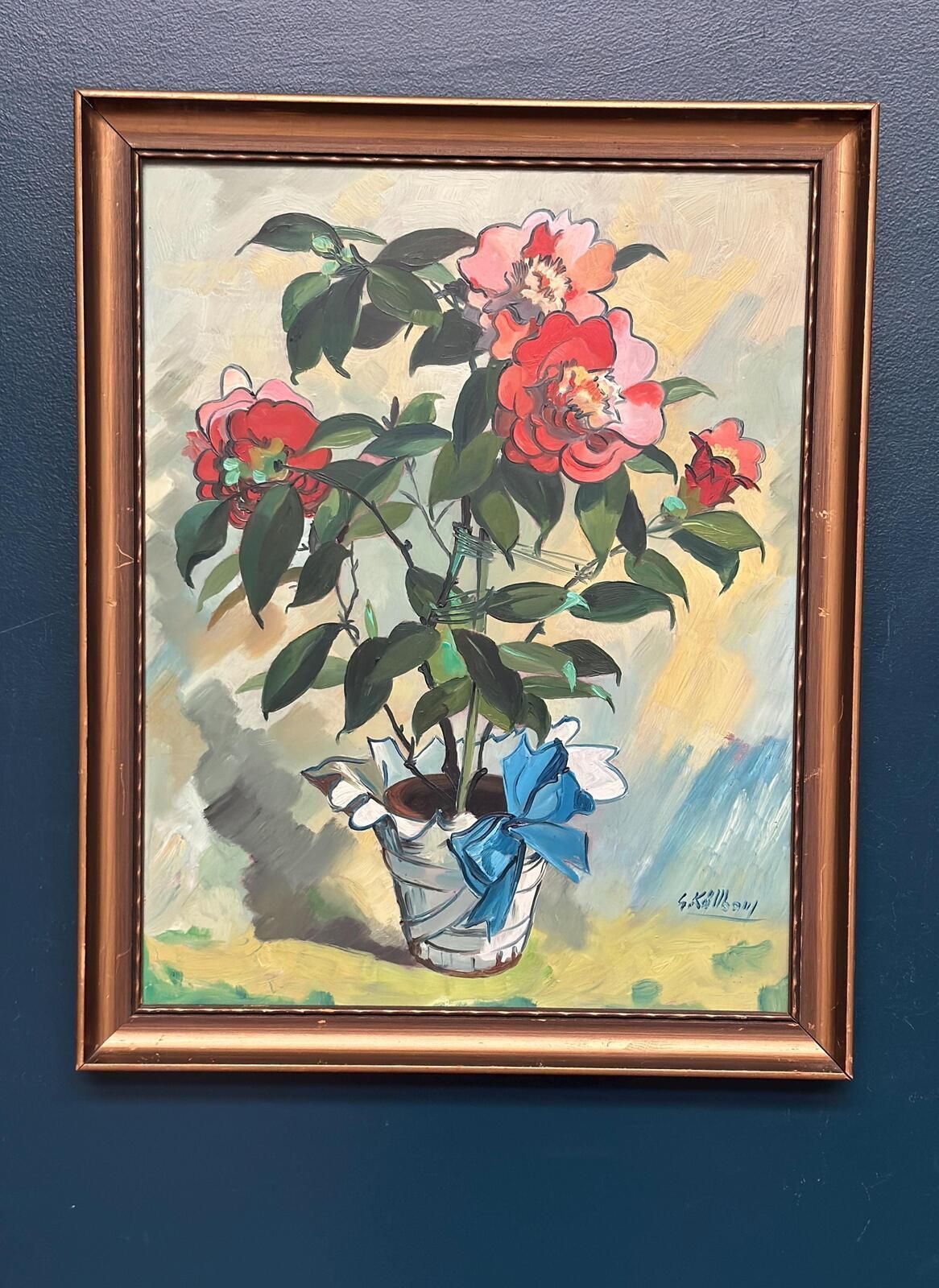 Original Mid Century Swedish Oil On Panel – "Flower Motif In Pot” By G. Källbom – Vintage & Framed – 50 × 67 Cm (19.7" × 26.4") photo furniture