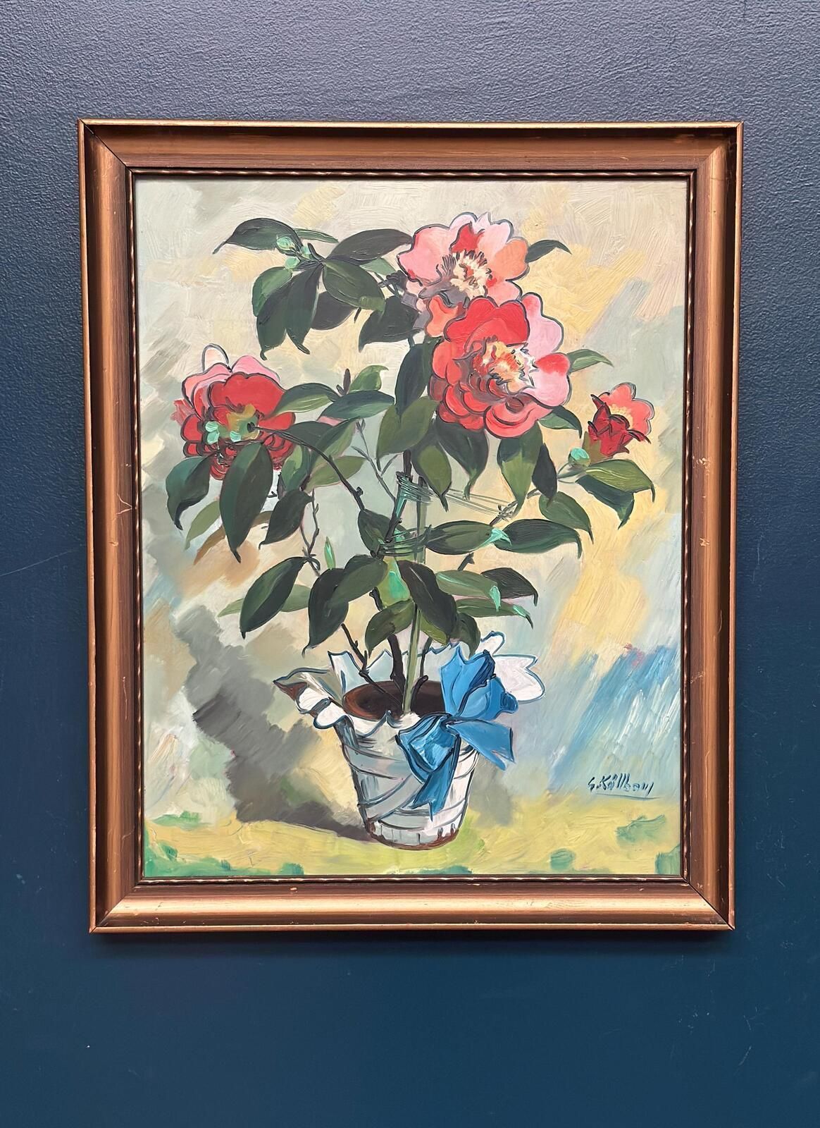 Original Mid Century Swedish Oil On Panel – "Flower Motif In Pot” By G. Källbom – Vintage & Framed – 50 × 67 Cm (19.7" × 26.4") photo for sale