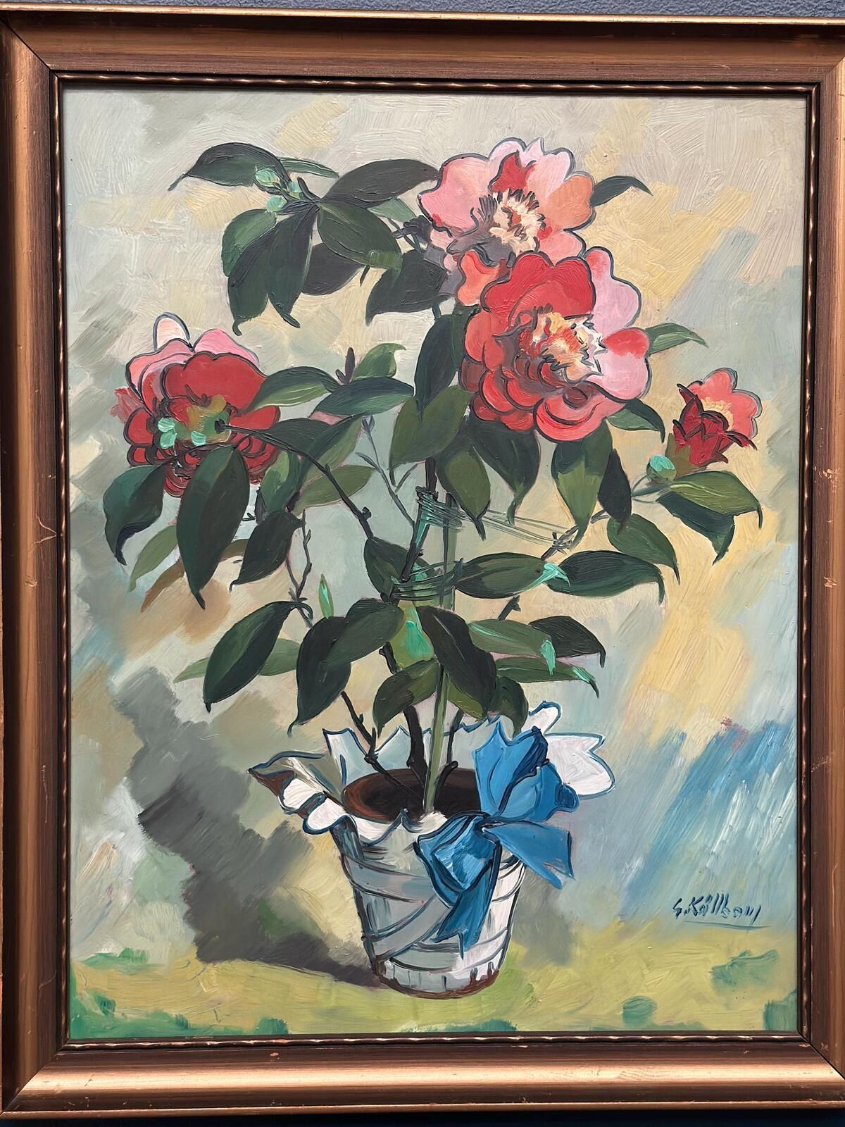 Original Mid Century Swedish Oil On Panel – "Flower Motif In Pot” By G. Källbom – Vintage & Framed – 50 × 67 Cm (19.7" × 26.4") photo 415.0
