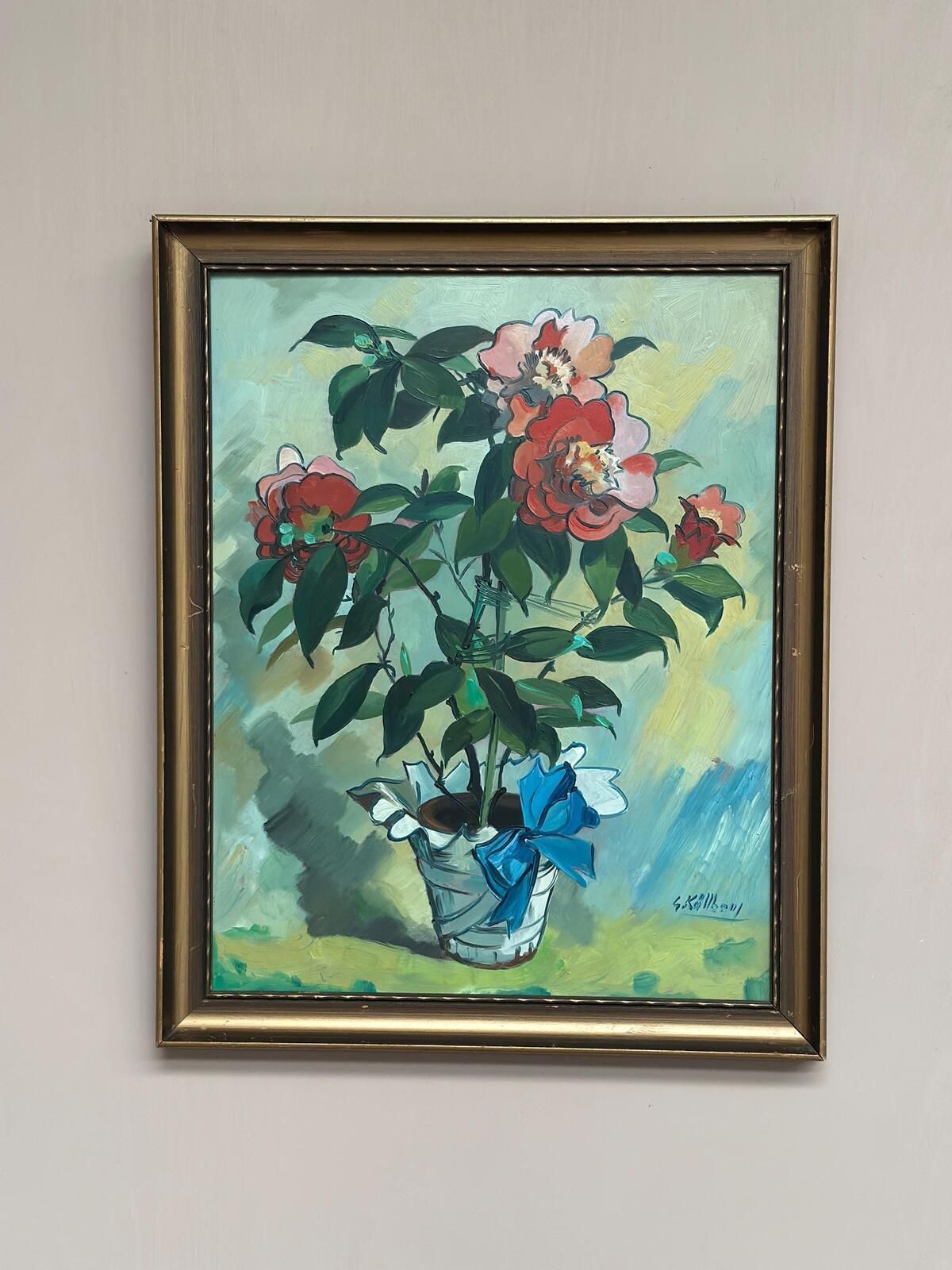 photo buy Original Mid Century Swedish Oil On Panel – "Flower Motif In Pot” By G. Källbom – Vintage & Framed – 50 × 67 Cm (19.7" × 26.4")