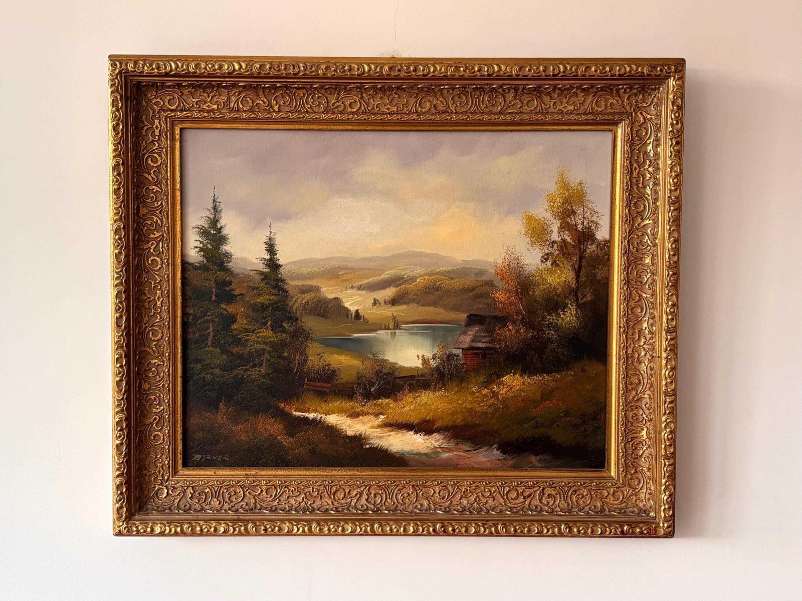 Vintage Landscape Oil Painting Signed Börner, Framed European Pastoral Lake Scene In Ornate Gold Frame, Rustic Cottage Wall Art