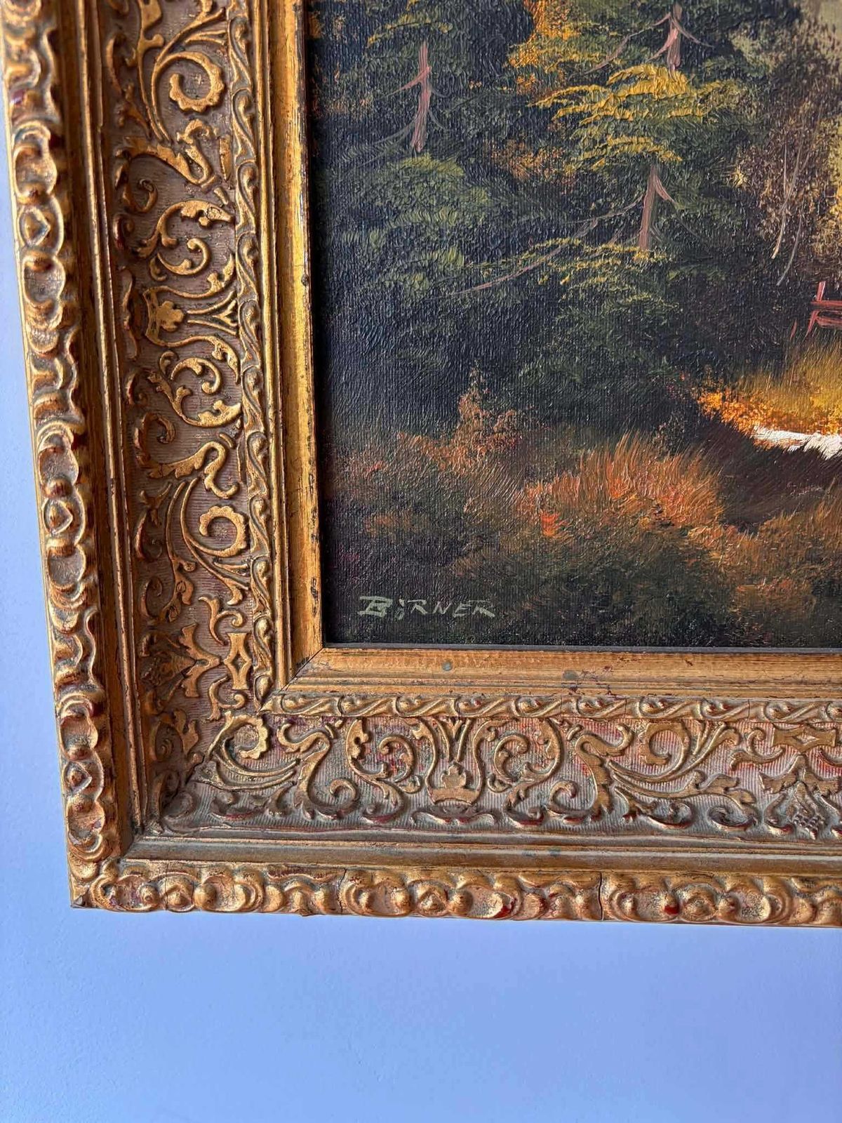 Vintage Landscape Oil Painting Signed Börner, Framed European Pastoral Lake Scene In Ornate Gold Frame, Rustic Cottage Wall Art photo Art