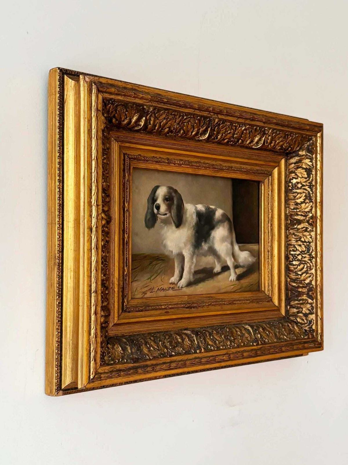 Antique Dog Painting Signed L. Maher, Spaniel Portrait In Ornate Gilt Frame photo for sale